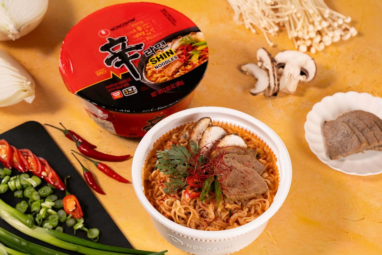 Nongshim Shin Ramyun Bowl Noodles, Spicy Korean Signature Instant Ramyun, Rich Beef Flavored Broth, Quick and Easy, Microwaveable Bowl, 3.03 oz (Pack of 12)