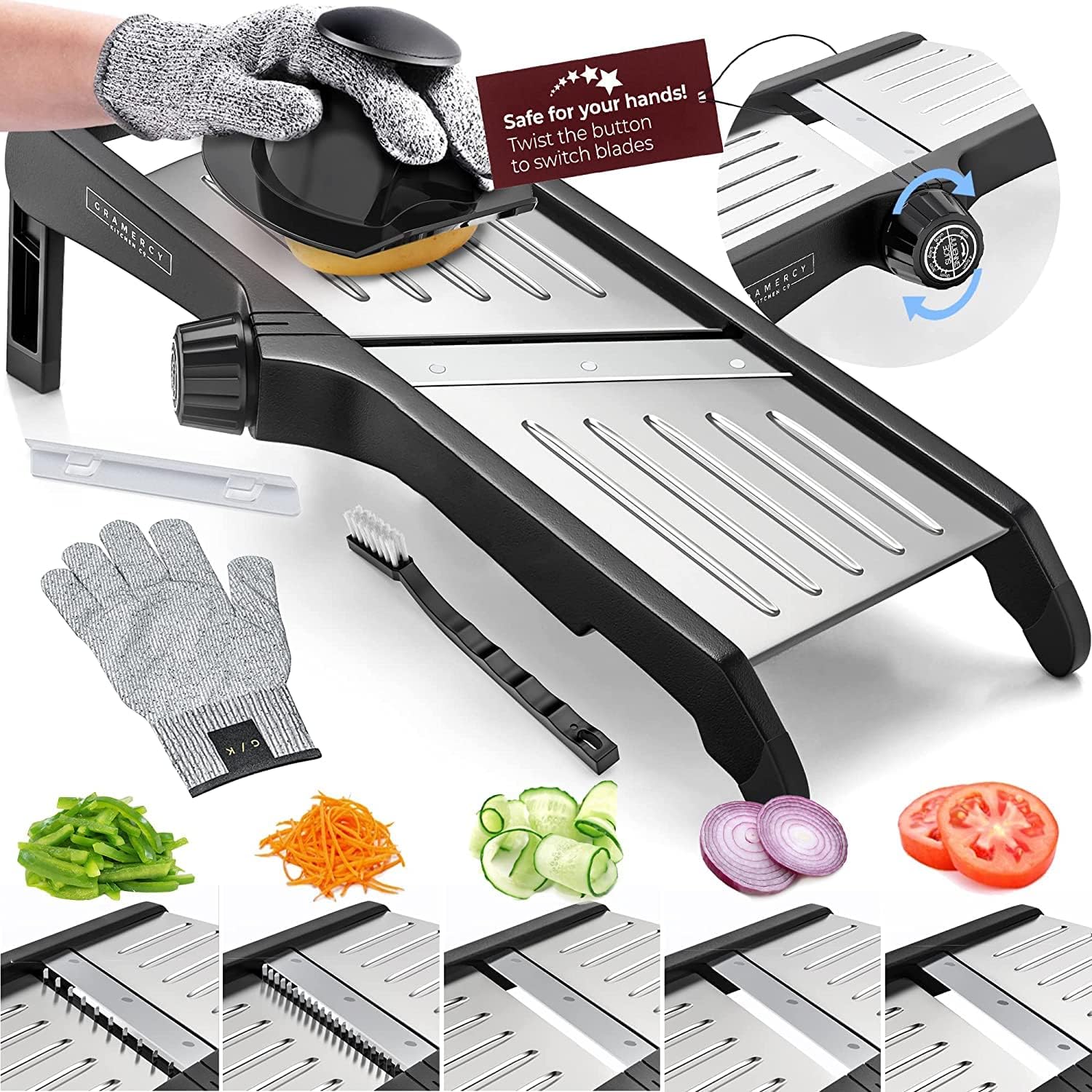 Gramercy Adjustable Mandoline Food Slicer, Mandoline Slicer for Kitchen, Mandolin, Potato, Tomato, Carrot, Vegetable, Fruit and Onion Cutter, Stainless Steel, INCLUDING Cut-Resistant Gloves, Black PRO