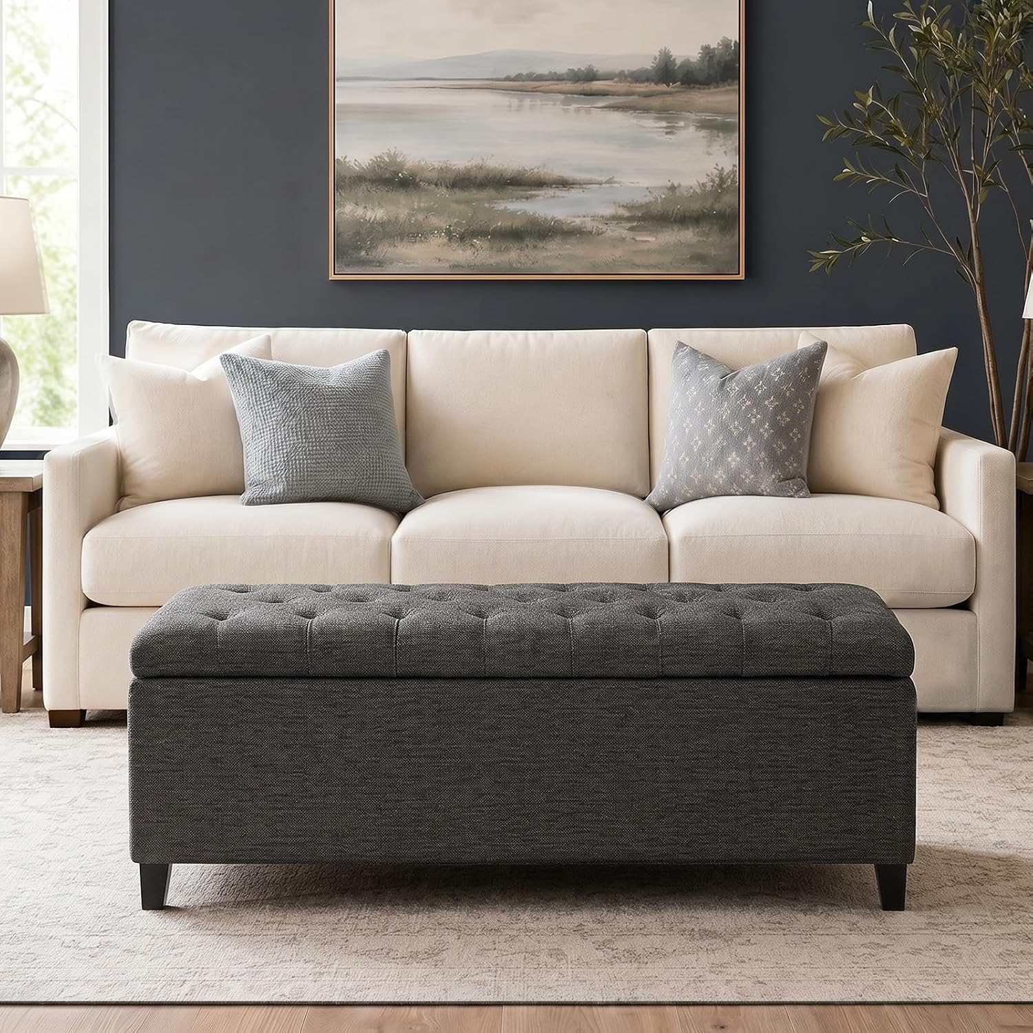 Madison Park 49" Upholstered Storage Bench, Button Tufted End of Bed Bench with Storage, Dual Spring Soft-Close Lid, Bedroom Bench for Queen King Bed, Entryway Living Room, Grey
