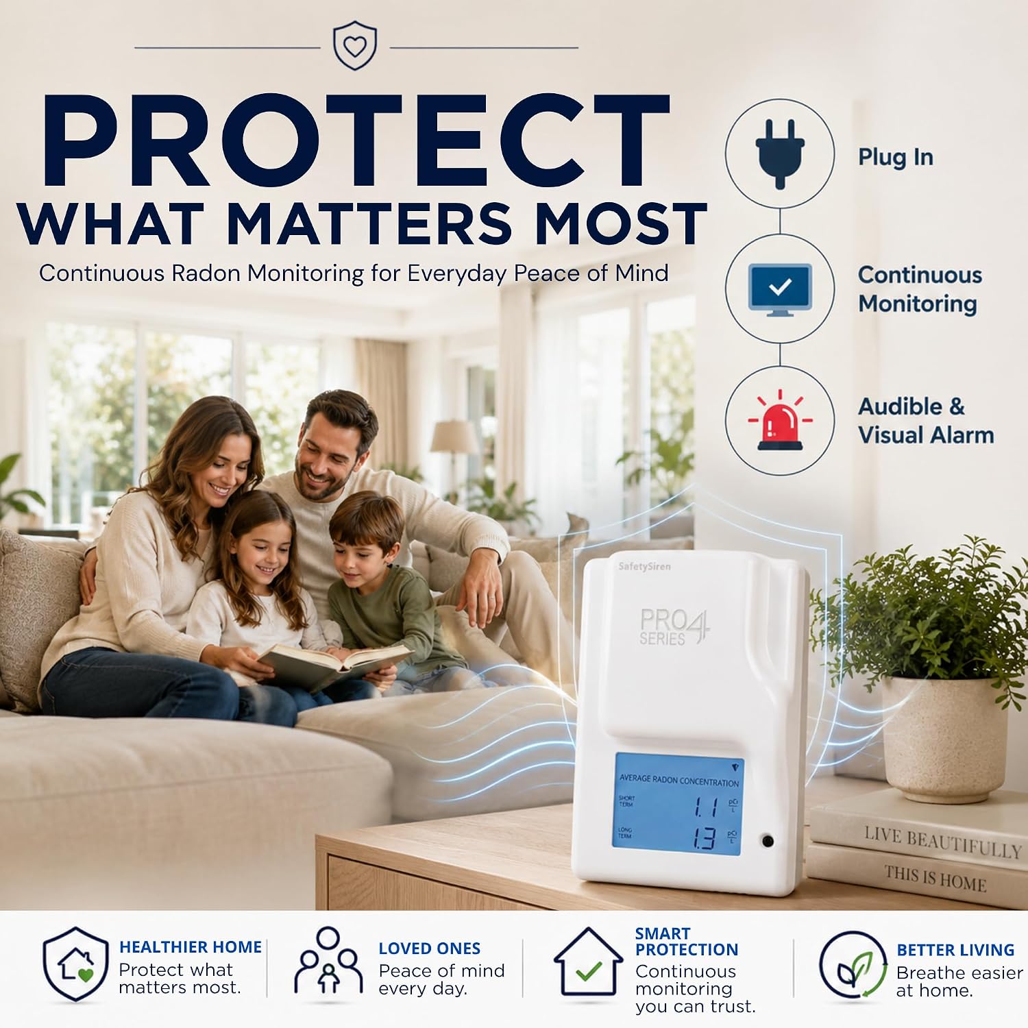 Safety Siren Pro Series 4 Plug-in Radon Detector for Home Basement