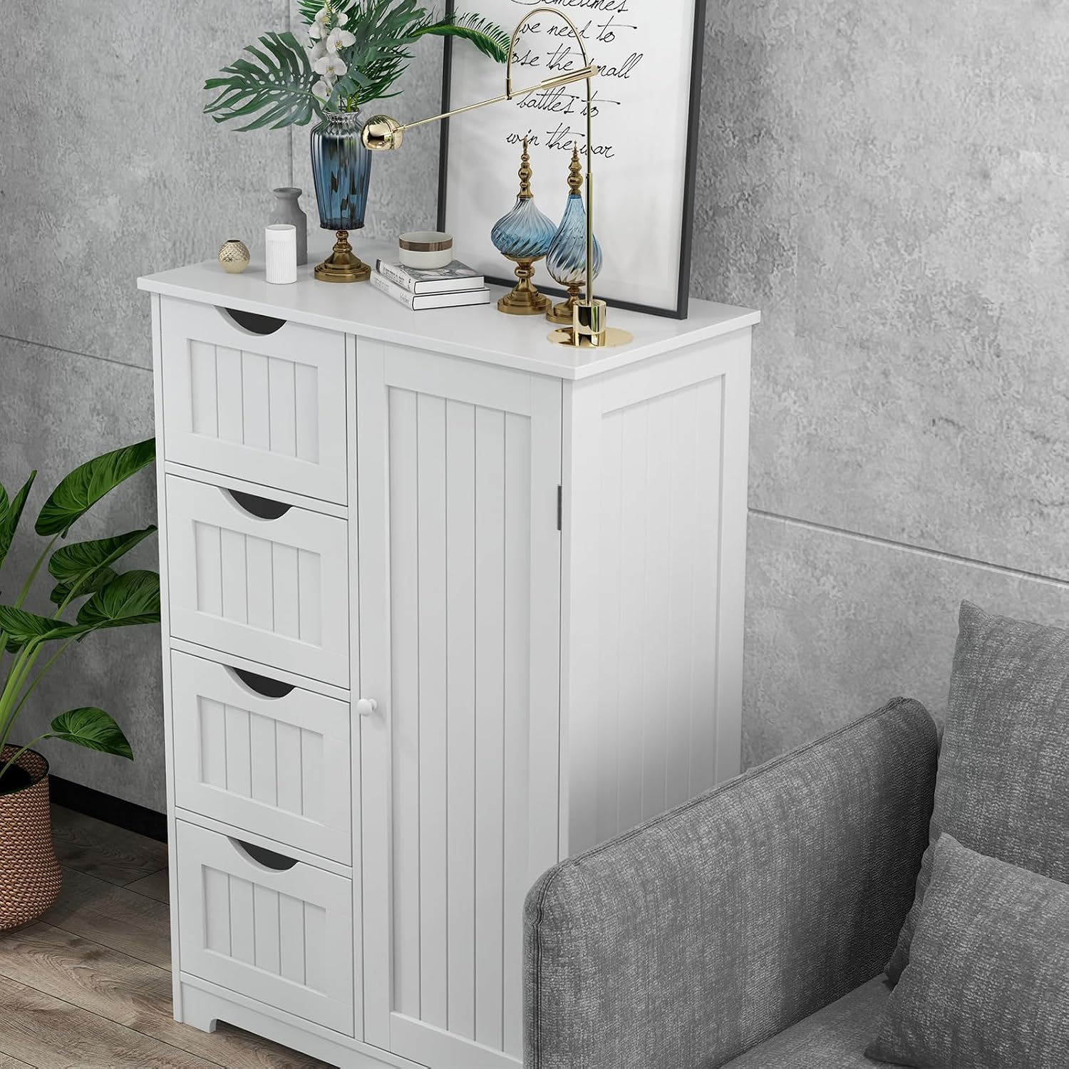Giantex Storage Cabinet with 4 Drawers, Bathroom Storage Organizer with Cupboard, Adjustable Shelf, Anti-Toppling Device, Floor Cabinet, Entryway Storage Unit Console Table, White