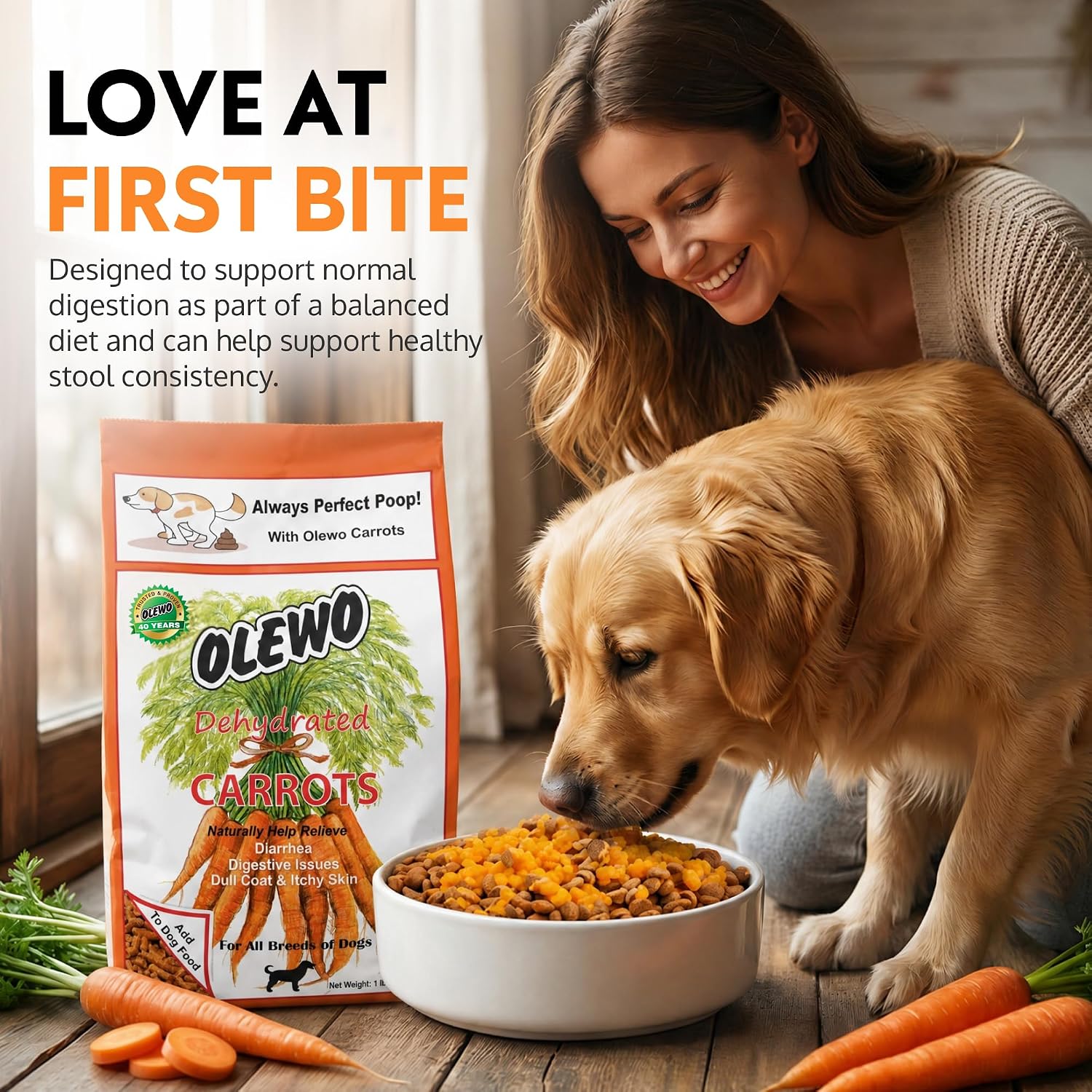 Olewo Carrots Dog Food Topper for Digestive Support & Firm Stools, 1 lb | Real-food digestive support. Whole-food alternative to powders, blends & synthetic supplements. Made in Germany.