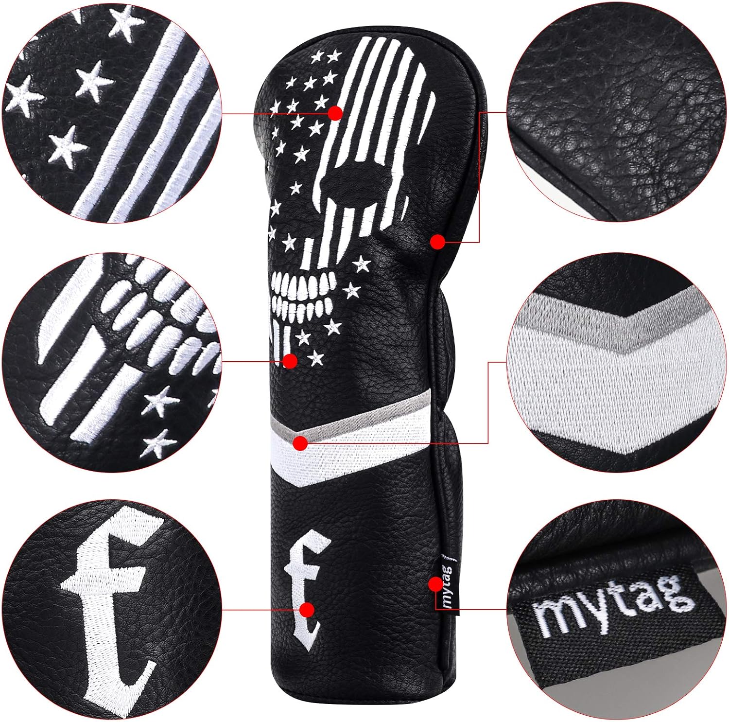 Skull Golf Head Covers Black Synthetic Leather Skeleton Golf Headcovers Set