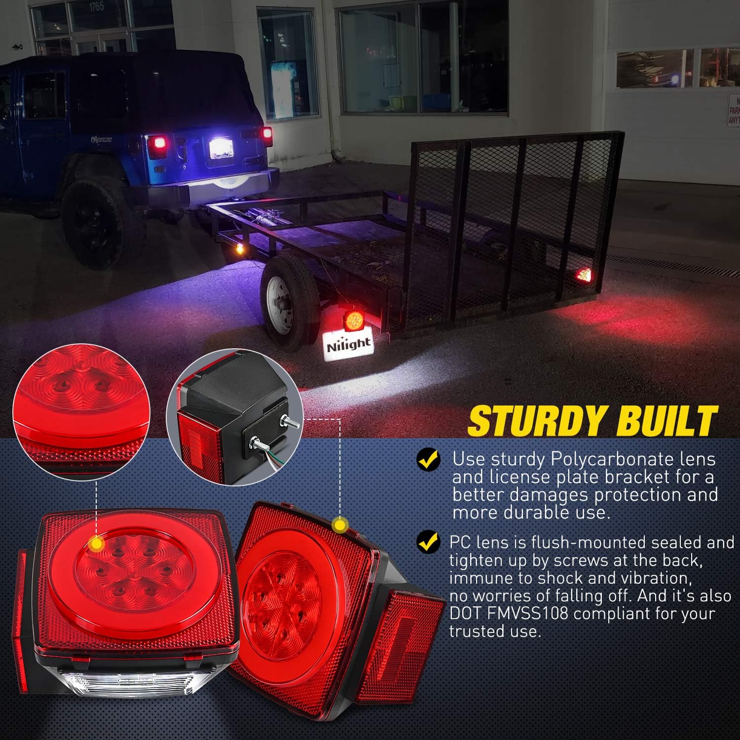 Nilight Square Submersible LED Trailer Light Kit,IP68 Waterproof 2PCS