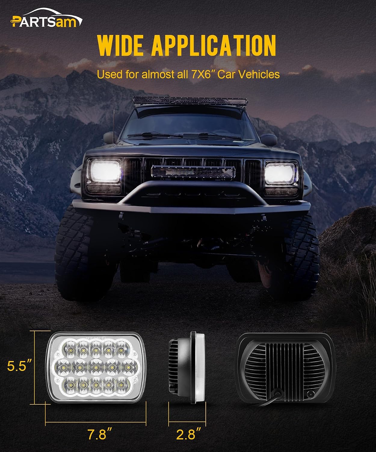 Partsam 2PCS Rectangle H6054 LED Headlights 5x7 7x6 Headlamp Hi/Low Sealed Beam H4 9003 Plug 6054 H5054 Compatible with S10 Blazer Express Van/Wrangler YJ XJ Cherokee Truck Van