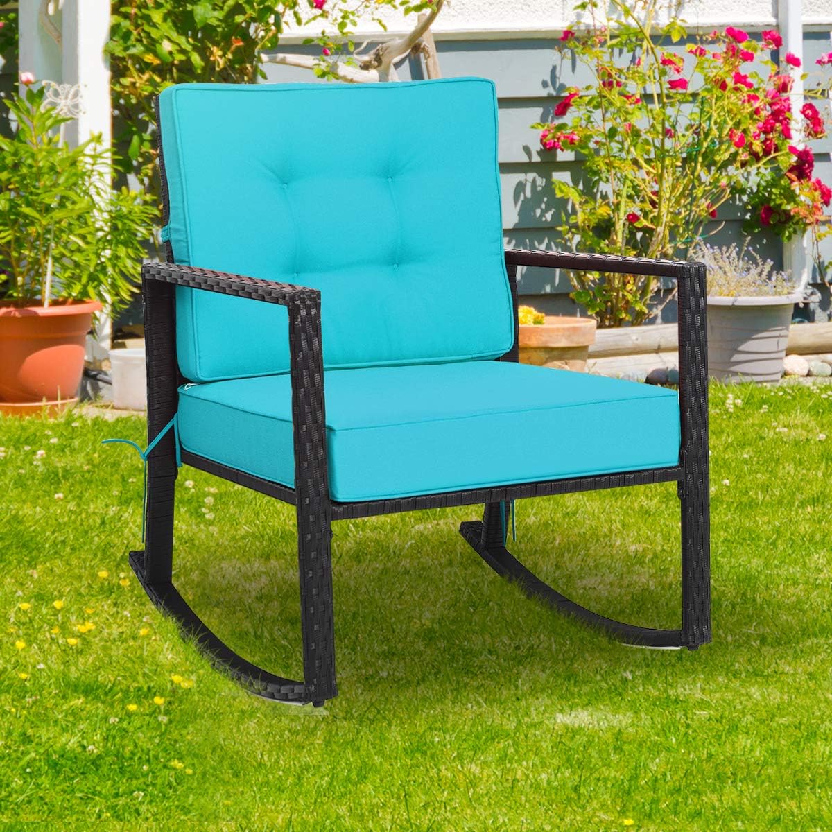 Tangkula Wicker Rocking Chair, Outdoor Glider Rattan Rocker Chair with Heavy-Duty Steel Frame