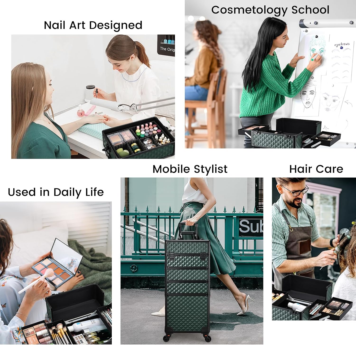 Stagiant Rolling Makeup Case Cosmetology Case on Wheels 4 in 1 Large Cosmetic Organizer Train Case Makeup Travel Case with Key Swivel Wheels Nail