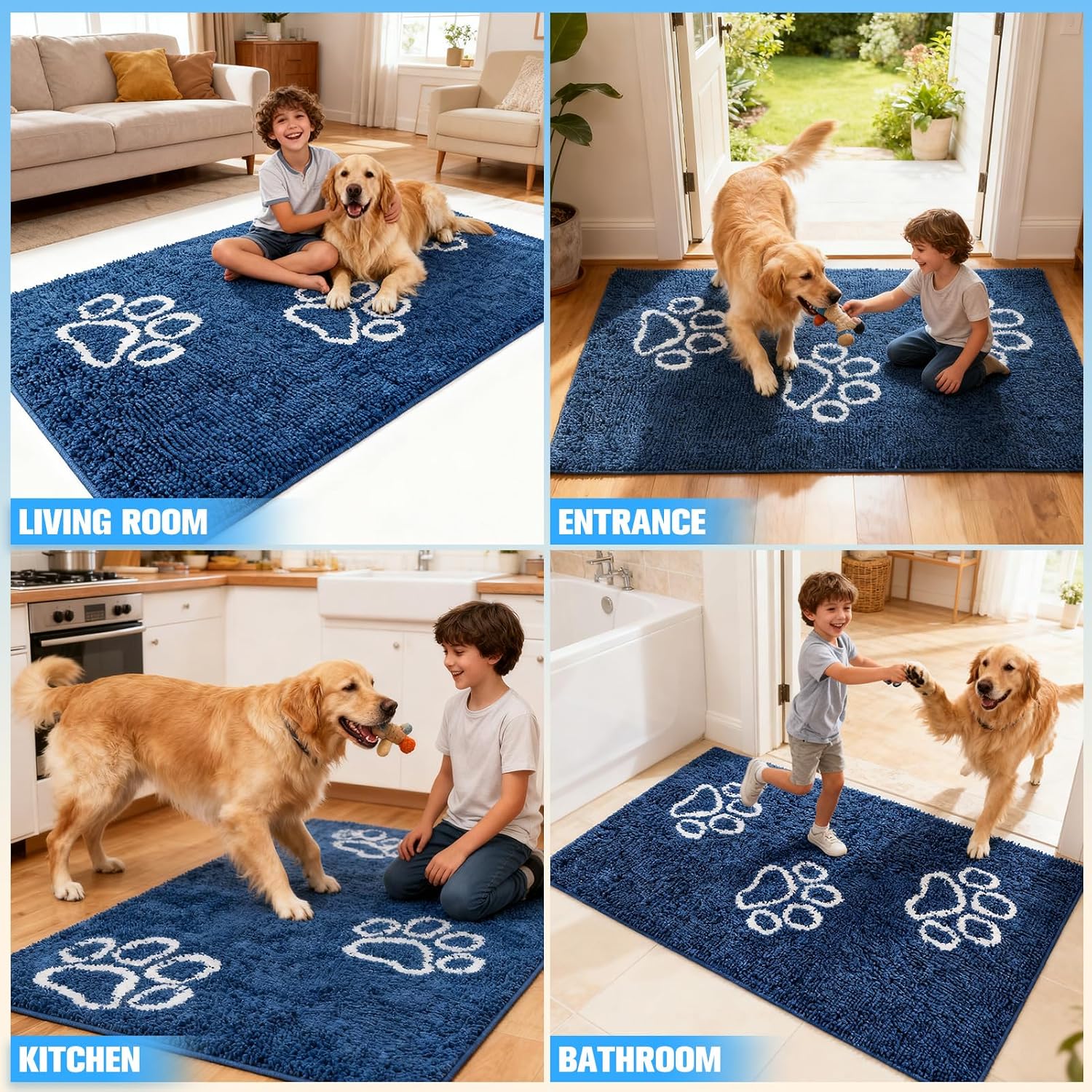Dog Door Mat for Muddy Paws - Highly Absorbent Microfiber Pet Rug, Quick Dry Chenille Dog Runner Rug Indoor Outdoor, Non-Slip Entryway Carpet Washable Mud Mat for Dogs, Blue 60"x30"