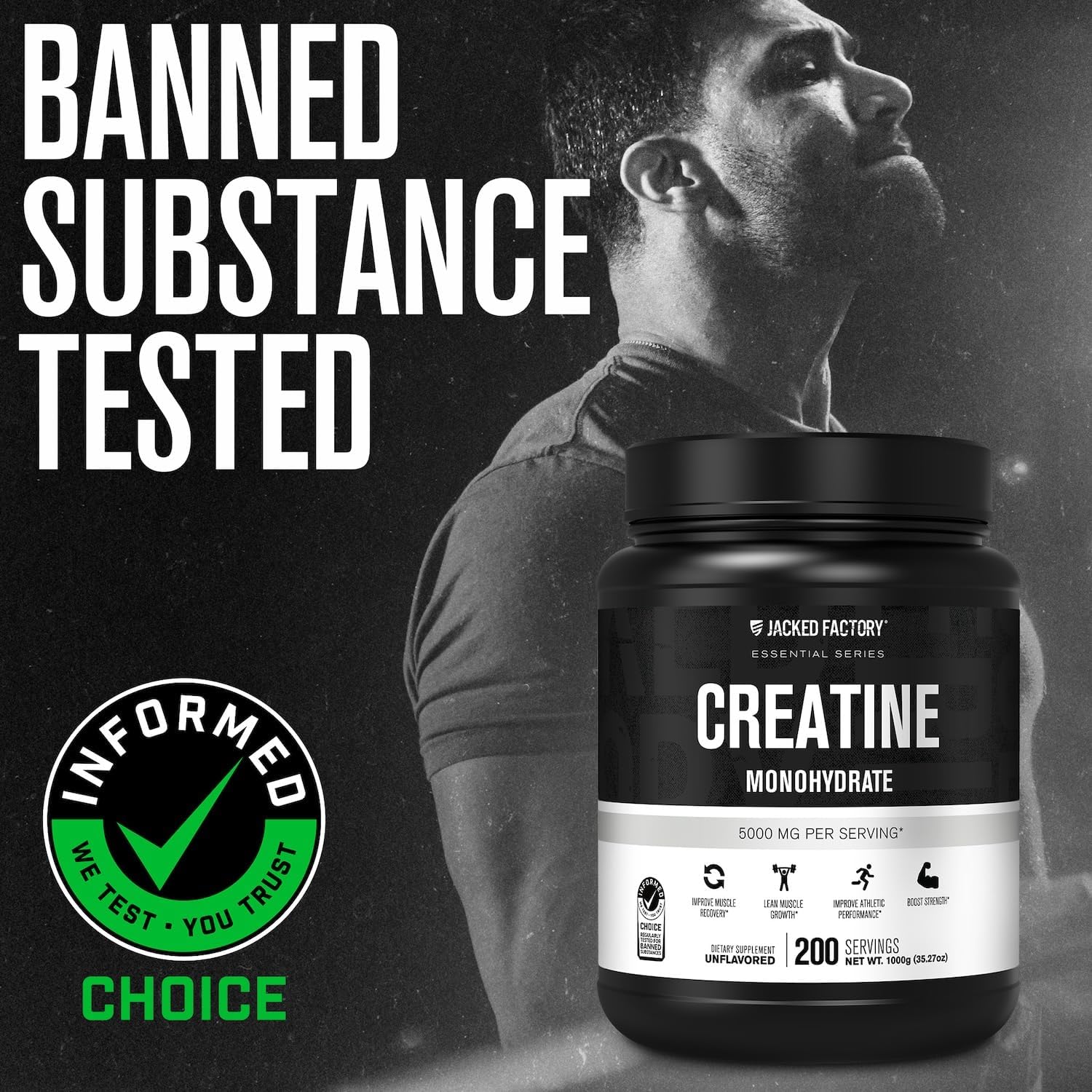 Jacked Factory Creatine Monohydrate Powder 425g - 5g Daily Micronized Creatine Monohydrate for Men and Women, Vegan-Friendly