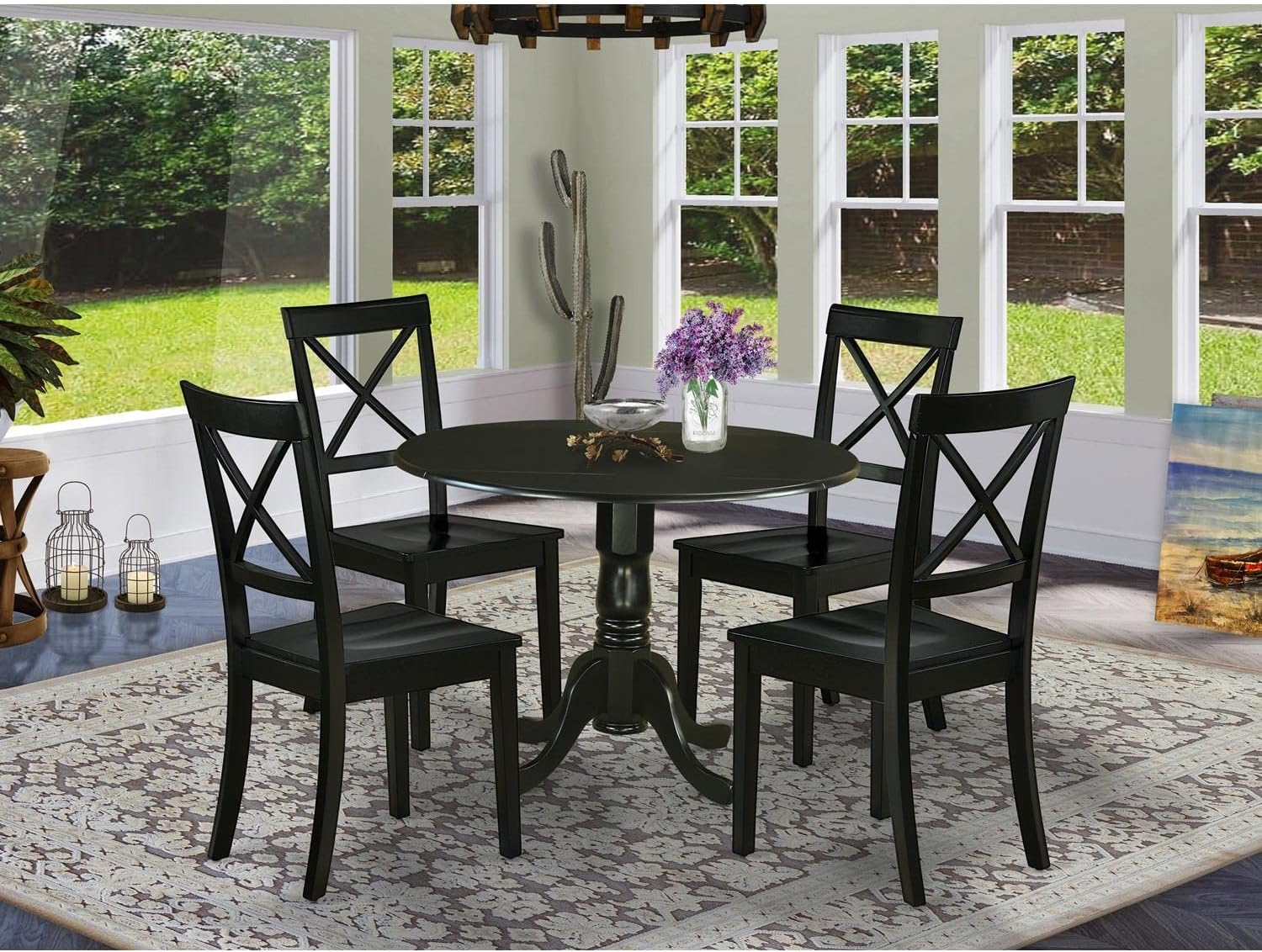 East West Furniture DLBO3-WHI-W 3 Piece Dining Room Table Set Contains a Round Kitchen Table with Dropleaf and 2 Dining Chairs, 42x42 Inch, Linen White