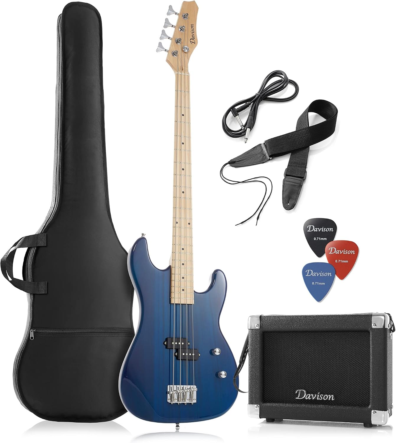Full Size Electric Bass Guitar with 15-Watt Amp, Black - 4 String Right Handed Beginner Kit with Gig Bag and Accessories