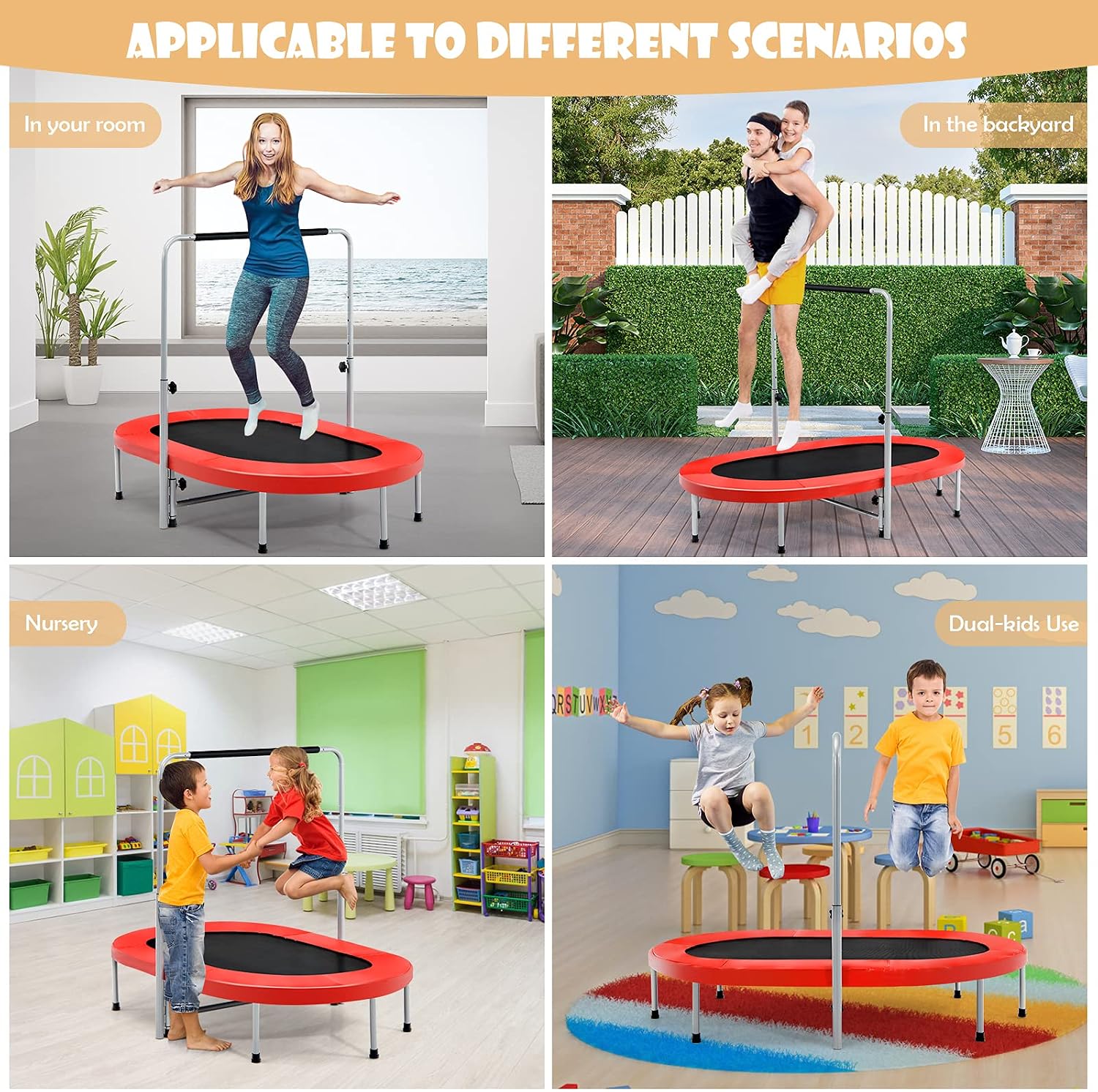 Giantex Mini Trampoline, 2 Persons Foldable Fitness Trampoline w/ 5 Levels Height Adjustable Handle, Max Load 330LBS