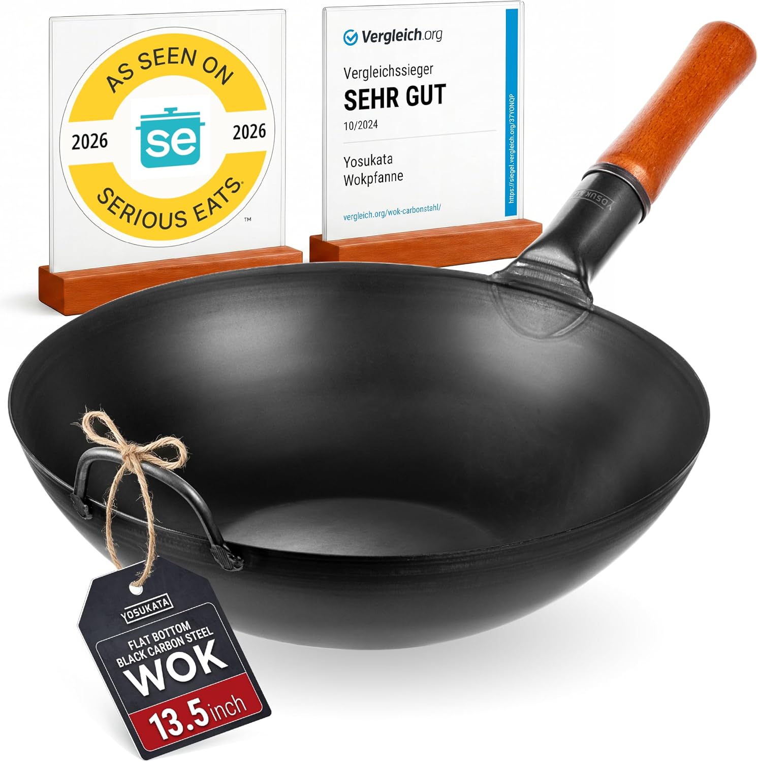 YOSUKATA 13.5" Pre-Seasoned Flat Bottom Black Carbon Steel Wok for Stir Fry