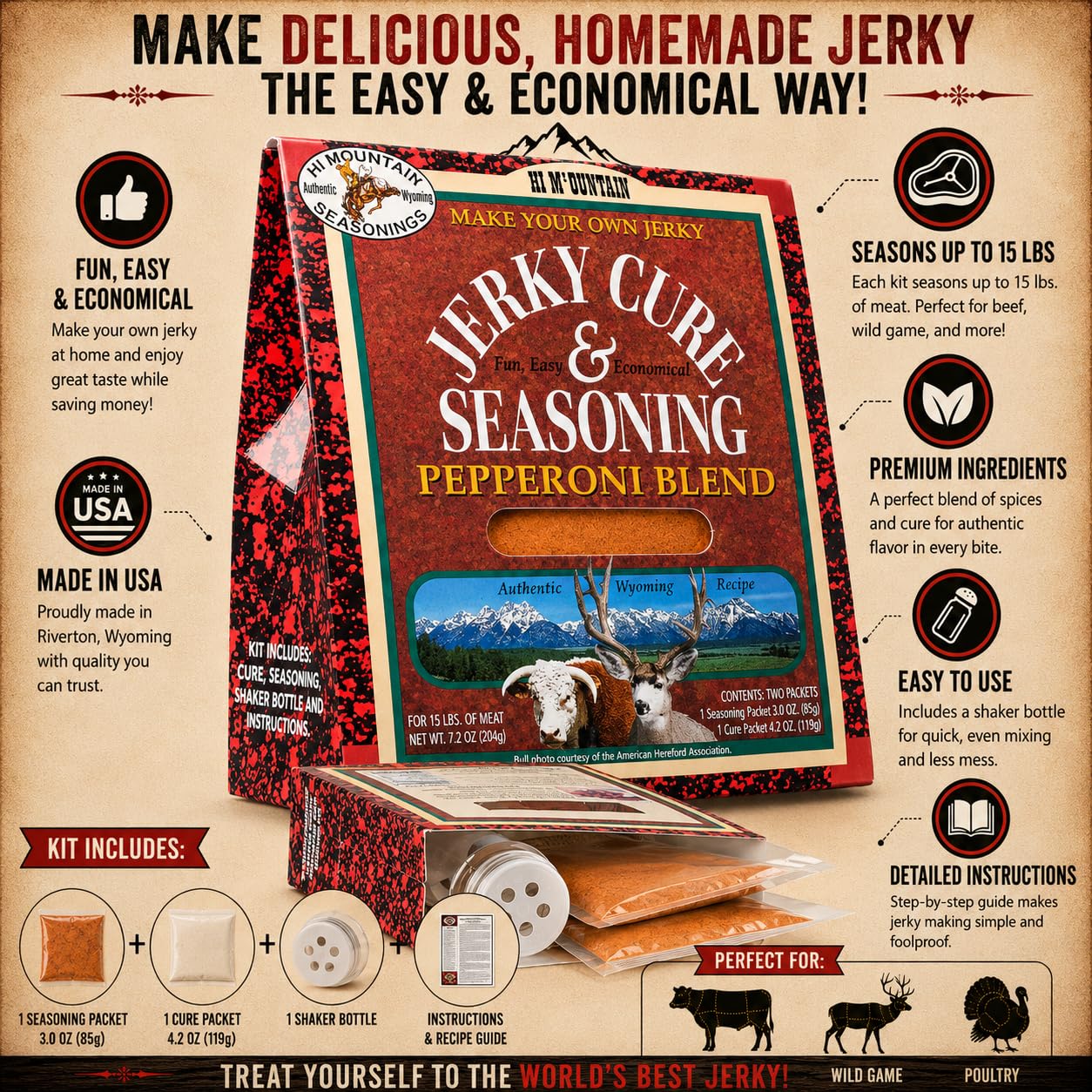 Hi Mountain PEPPERONI BLEND Jerky Seasoning and Cure Kit | Beef & Venison | Classic pepperoni flavor, perfect jerky seasoning for deer, elk