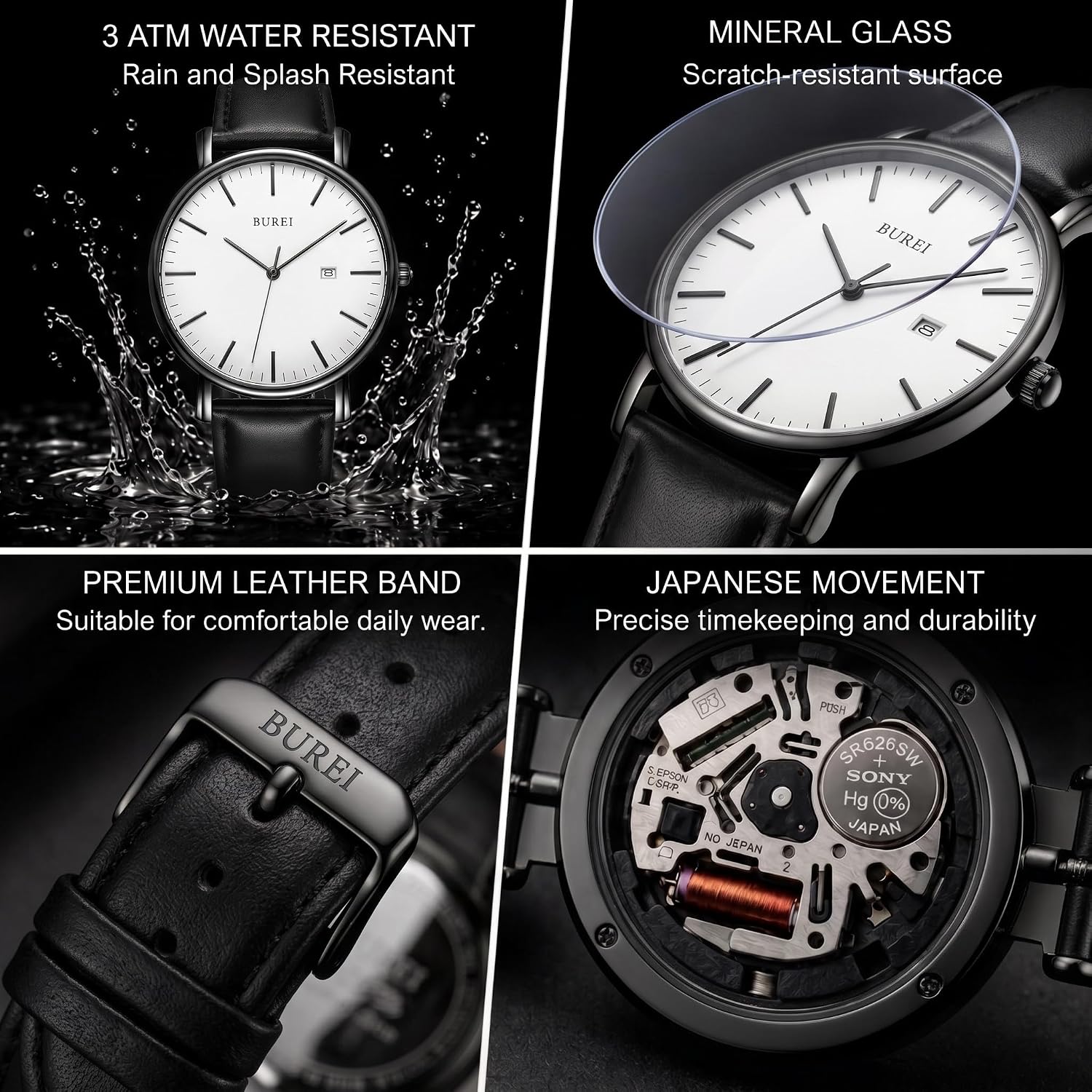 BUREI Men Wrist Watches Fashion Minimalist Thin Analog Quartz Waterproof Watches for Men, Refined Gifts for Men, Boyfriend, Husband, Dad