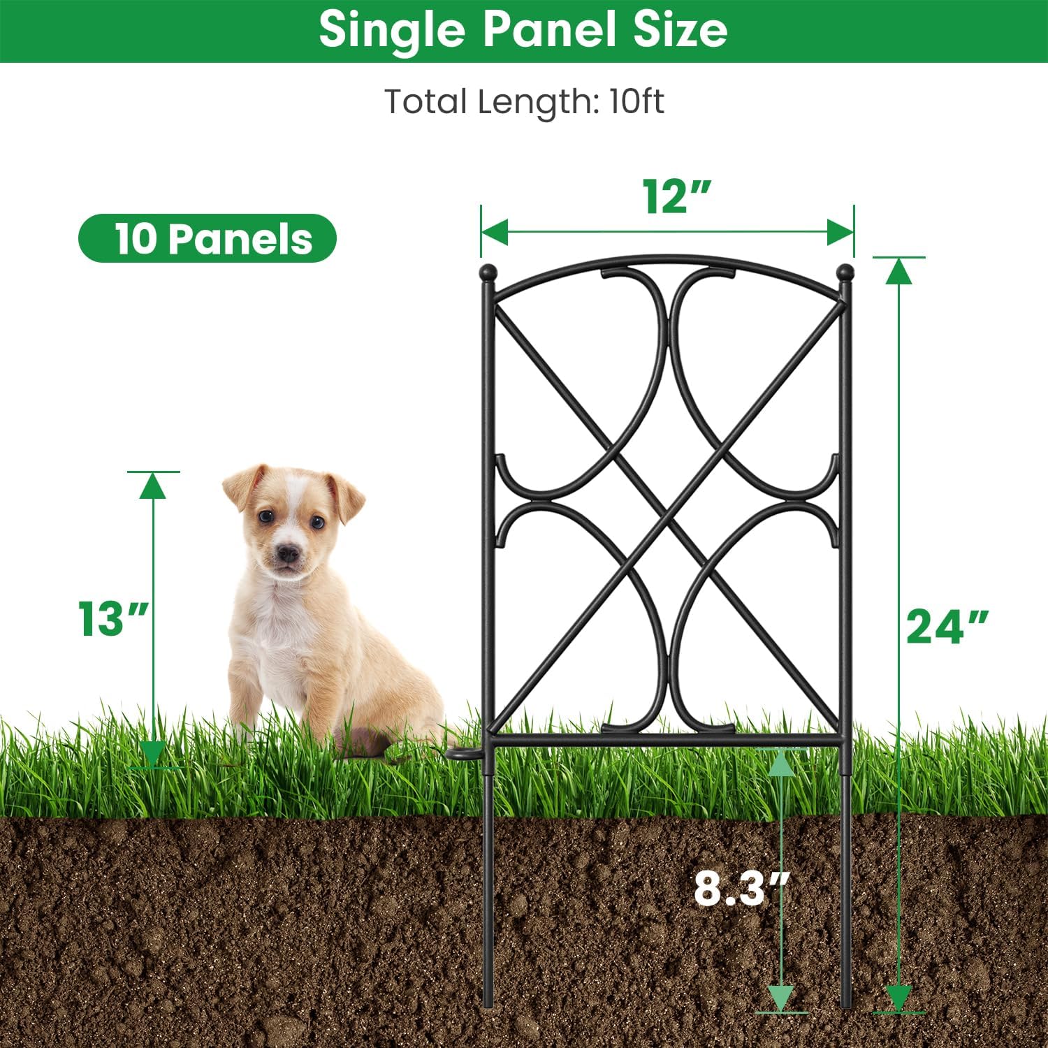 AMAGABELI 10 Panels 17in(H)×10ft(L) Decorative Garden Fences and Borders for Dogs No Dig Rustproof Metal Fence Panels Garden Edging Border Animal Barrier Fencing for Flower Beds Yard Patio Decor Black
