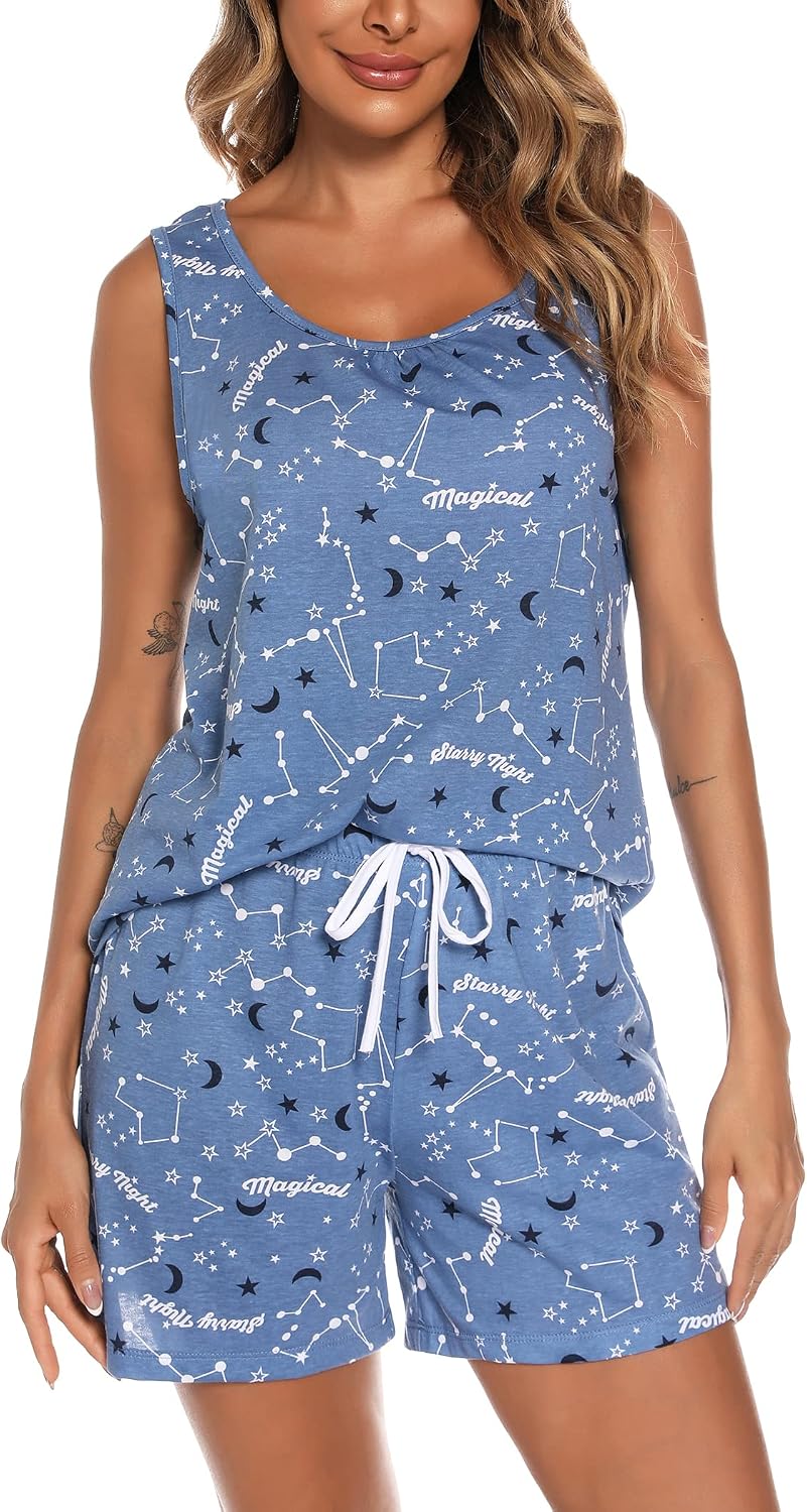 ENJOYNIGHT Womens Pajama Set Cotton Summer Sleep Tank and Shorts Pjs