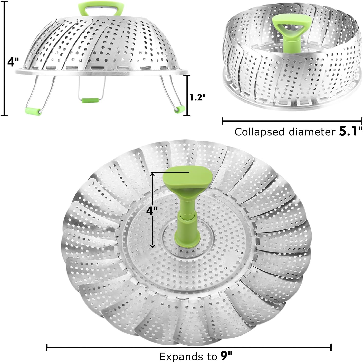 Consevisen Vegetable Steamer Basket for Cooking Food, Stainless Steel Veggie Steam Basket for Pot, Folding Expandable Steaming Insert with Extendable Handle Fits Various Size Pot, 7.1" to 11"