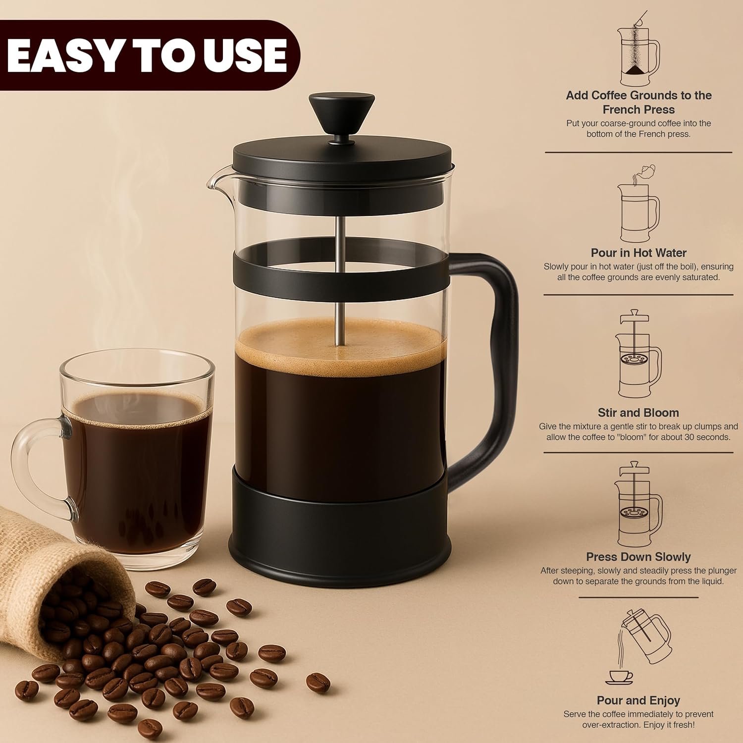 Utopia Kitchen Borosilicate Glass French Press Coffee Maker 34 Oz, Black | Heat-Resistant Cafetiere & Tea Maker, Thickened Glass Coffee Press for Travel and Camping