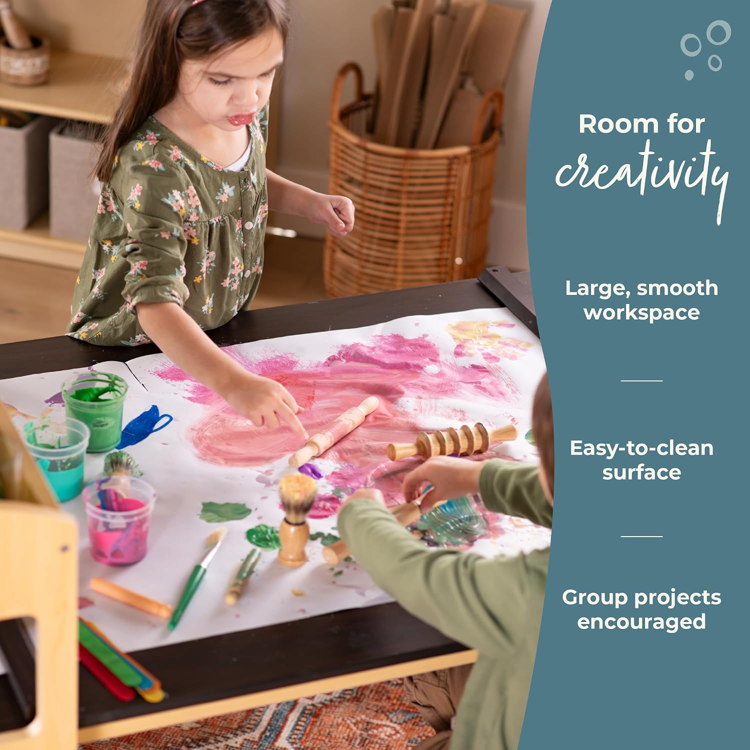 Guidecraft Deluxe Art Center: Kids' Montessori Art Table and Chairs Set with Storage Shelves, 6 Fabric Bins