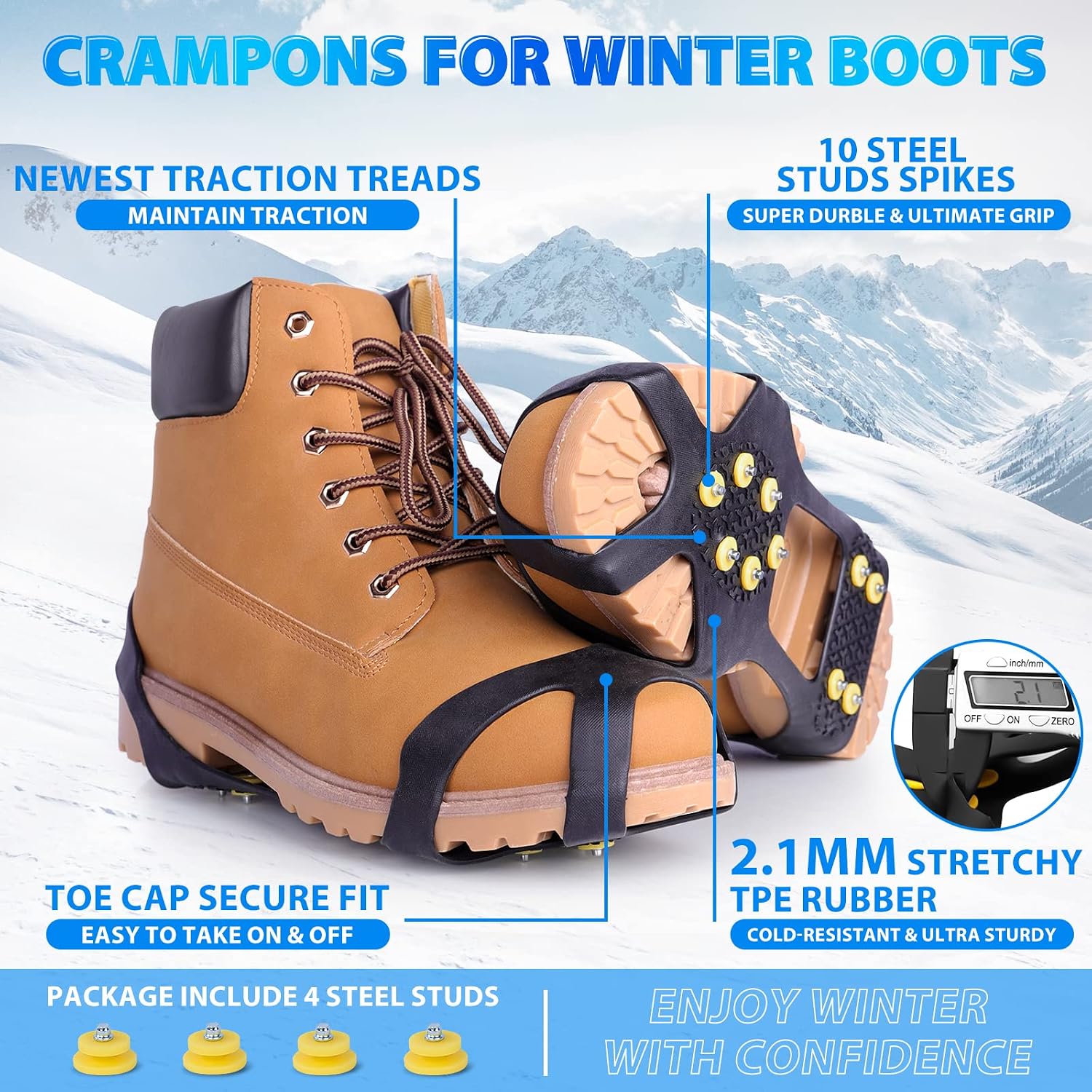 Ice Cleats for Boots Shoes, Snow Grips Cleats for Ice and Snow Anti-Slip Rubber Traction Cleats for Walking on Snow and Ice 10 Steel Studs Crampons for Hiking, Walking, Climbing, Jogging