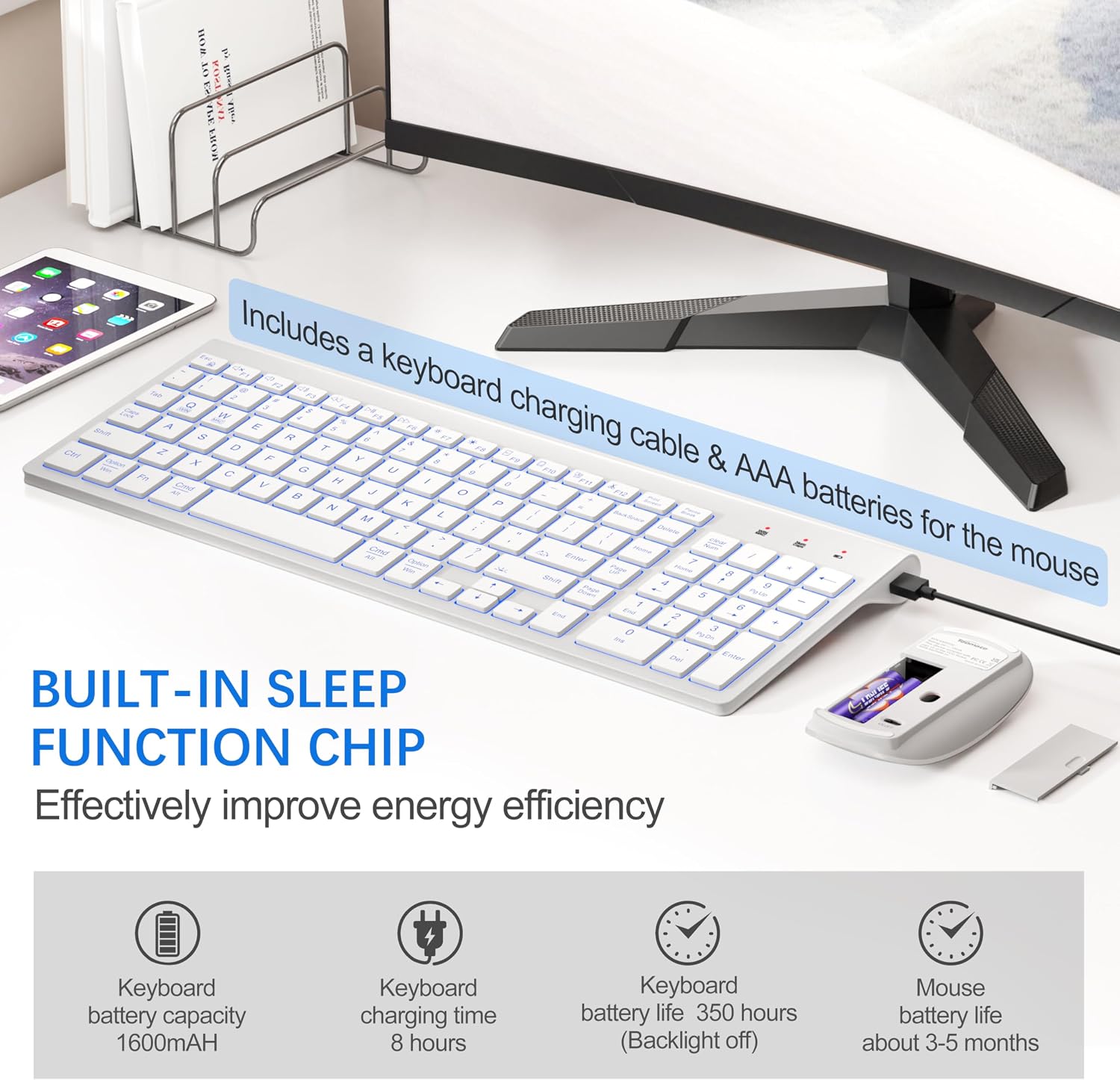 Wireless Keyboard and Mouse Ultra Slim Combo, TopMate - White | 2.4G Silent Compact 2400DPI Mouse and Scissor Switch Keyboard Set with Cover, Batteries Included, for PC/Laptop/Windows/Mac