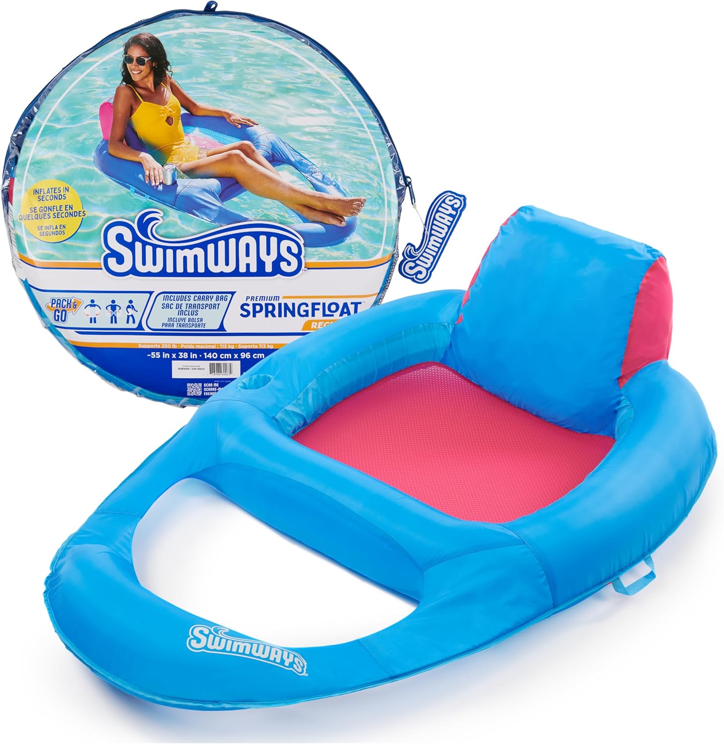 SwimWays Spring Float Recliner Chair for Swimming Pool, Inflatable Pool Floats Adult with Fast Inflation, Cup Holder & Foot Rest for Ages 15 & Up