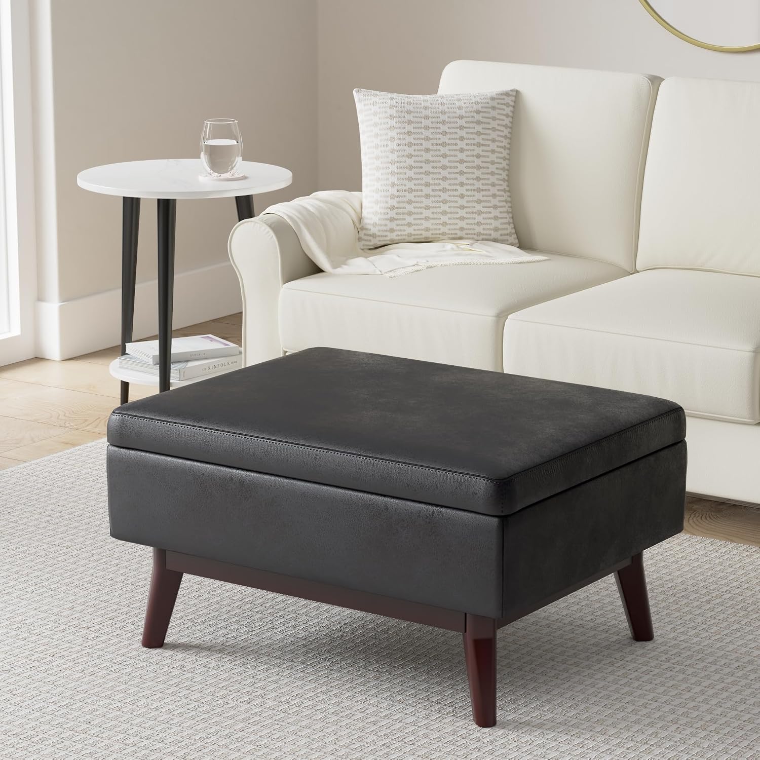 SIMPLIHOME Owen 34" Wide Vegan Leather Lift Top Ottoman in Dark Blue