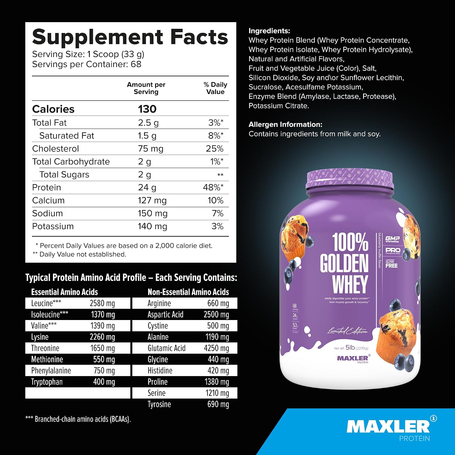 100% Golden Whey Protein - 24g of Protein per Serving - Whey Protein Powder for Pre Post Workout - Fast-Absorbing Whey Concentrate, Isolate & Hydrolysate Blend - Vanilla Ice Cream 2 lb