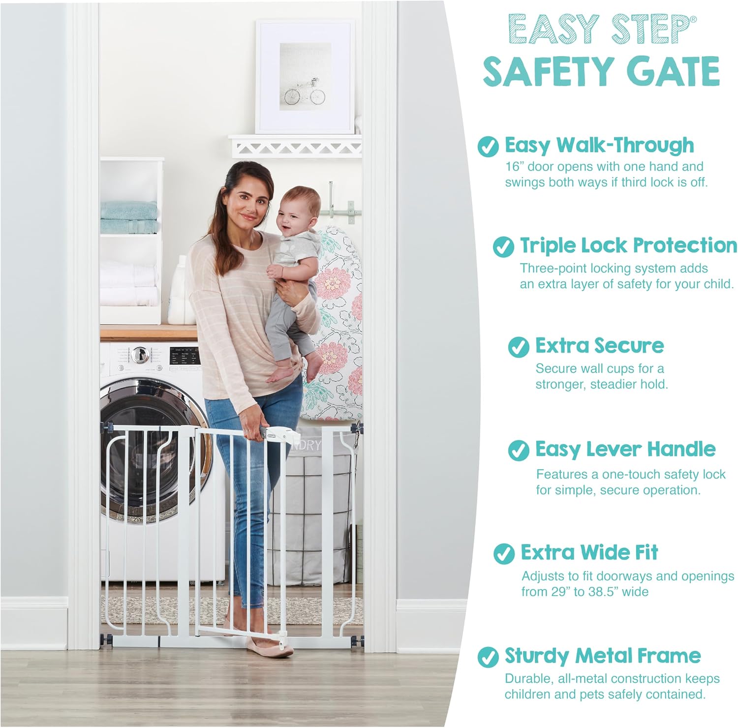 Regalo Safety 29"-49" Extra Wide Baby Gate, Bottom of Stairs & Doorways | Pressure Mounted with Door, For Babies, Toddlers & Pets, White, Tested & Trusted for 30 Years