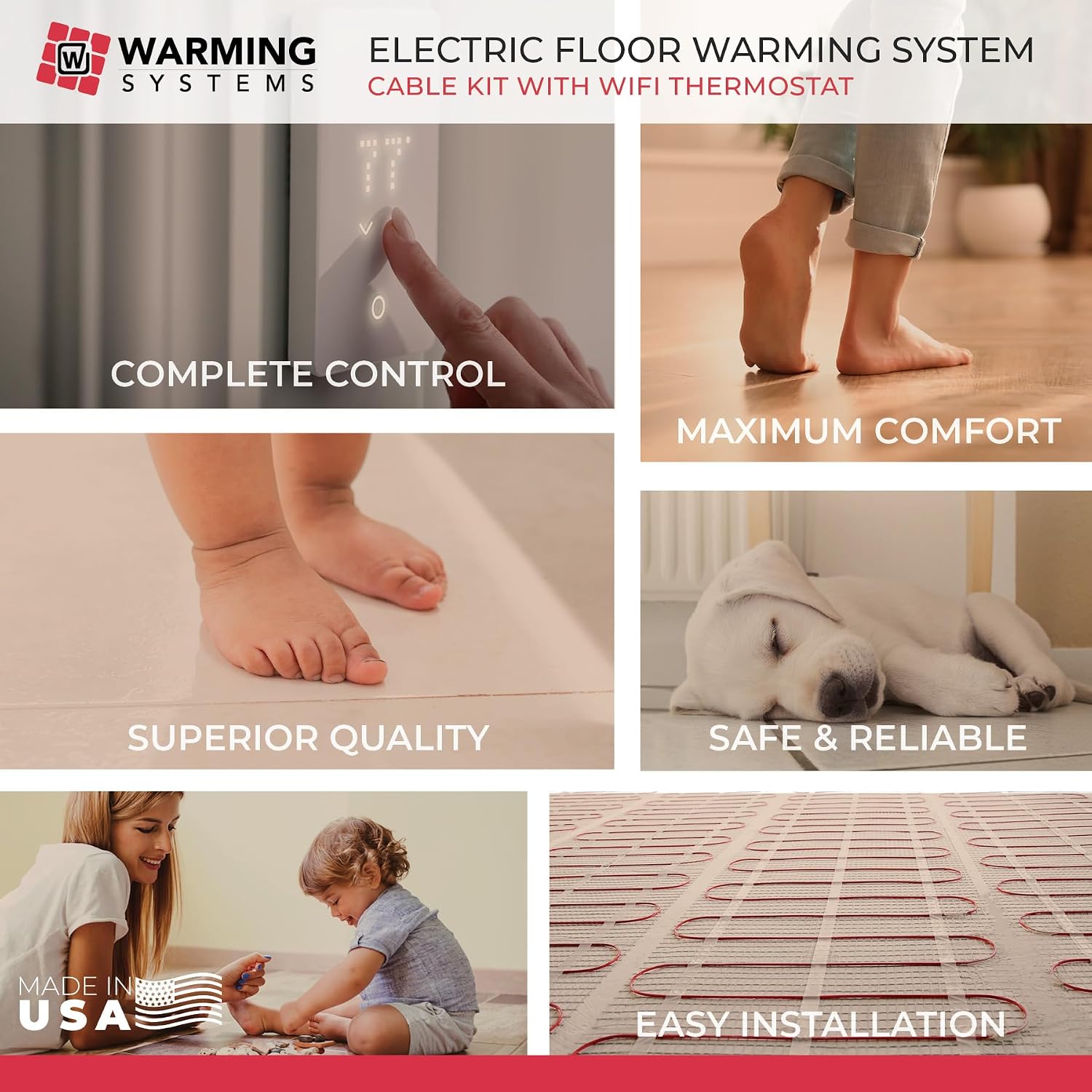 240 Sqft 240V Electric Radiant Floor Heating Kit – Includes Heating Cable, WiFi-LED Thermostat, Sensor, Cable Guides, Installation Monitor and Under Tile Heated Floors