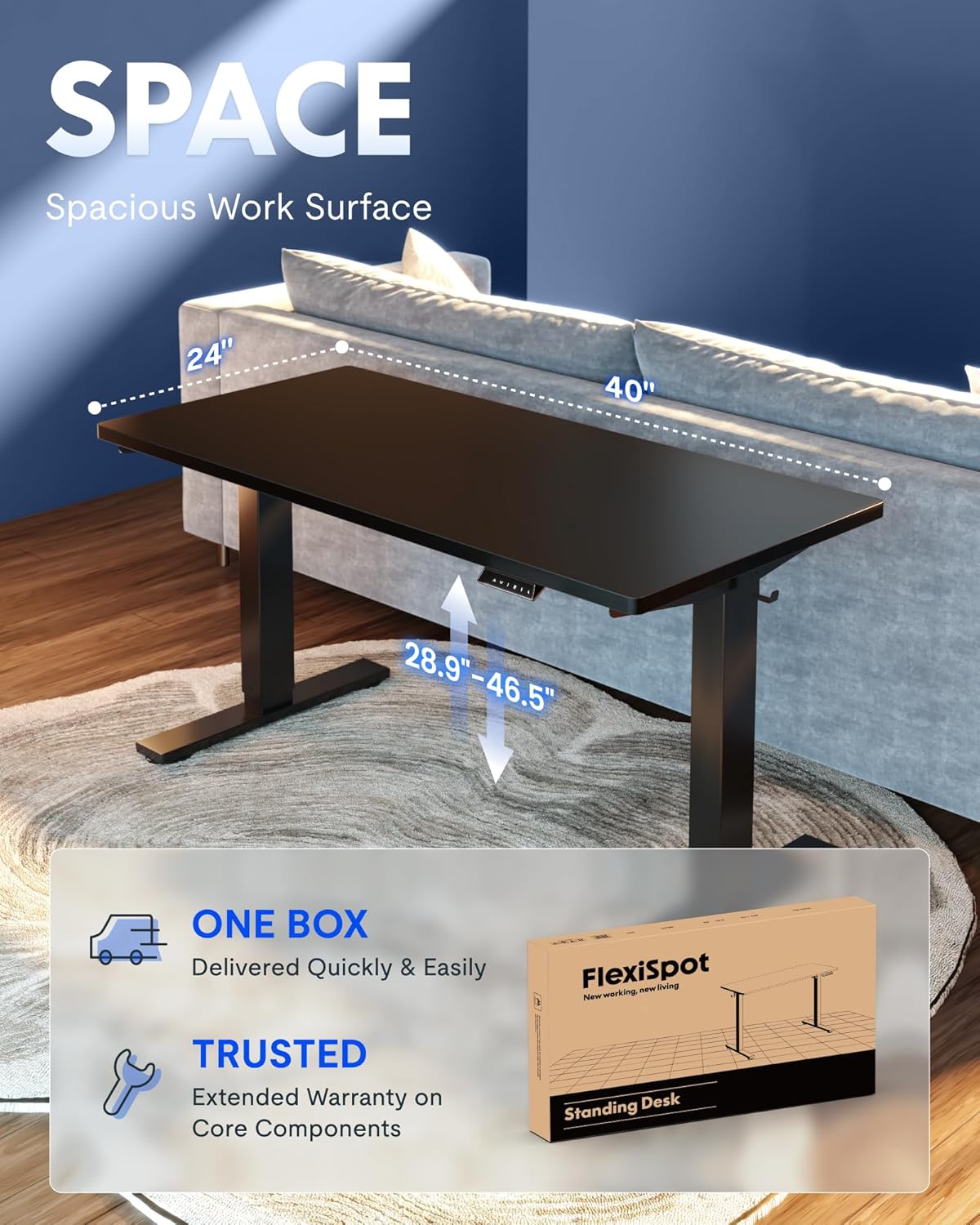 FLEXISPOT EN1 One-Piece Standing Desk, Electric Adjustable with 4 Memory Presets, 176 LBS Capacity, Stable & Quiet