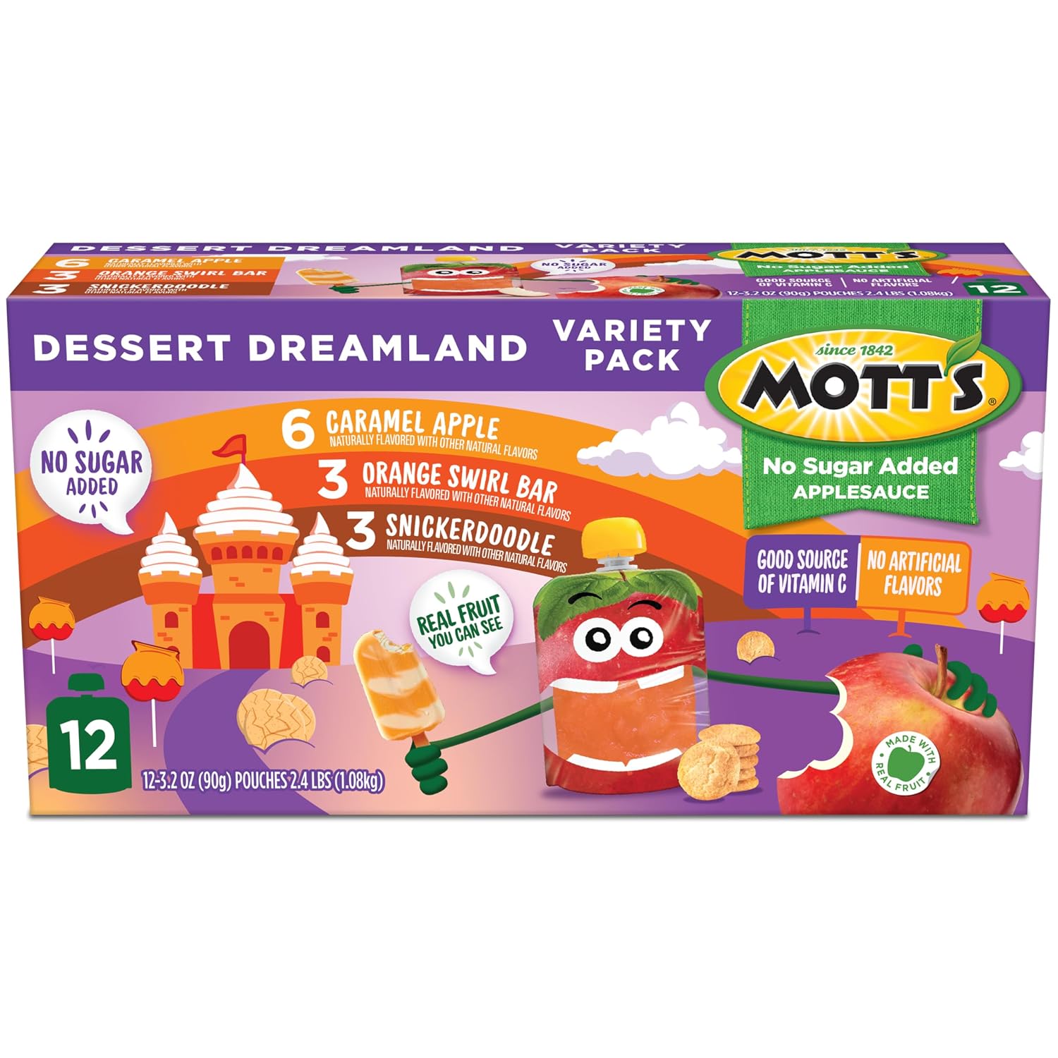 Mott's No Sugar Added Applesauce, 3.2 Oz Clear Pouches, 48 Count (4 Packs Of 12), Good Source Of Vitamin C, No Artificial Flavors