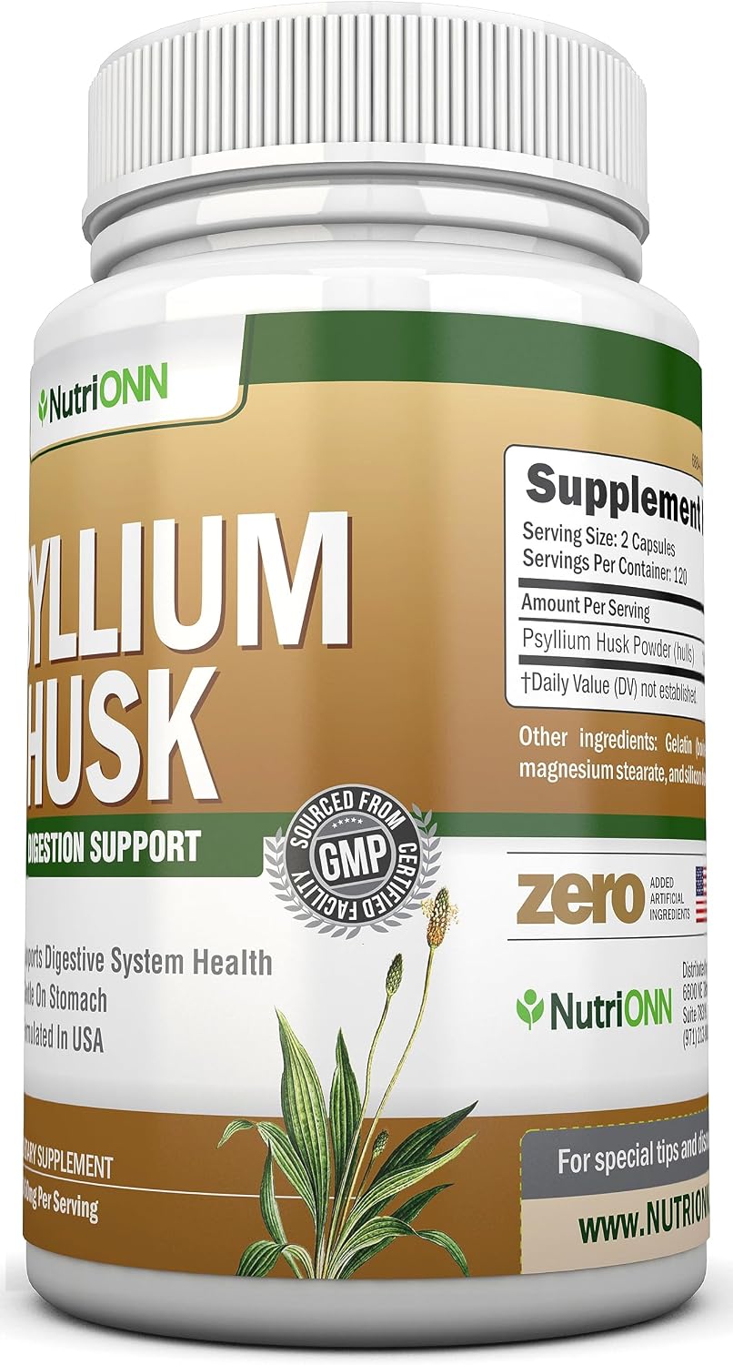 NutriONN Psyllium Husk Capsules - 1450mg - 240 Capsules - Made in USA - Double Strength - Premium Psyllium Fiber Supplement - Great for Digestion