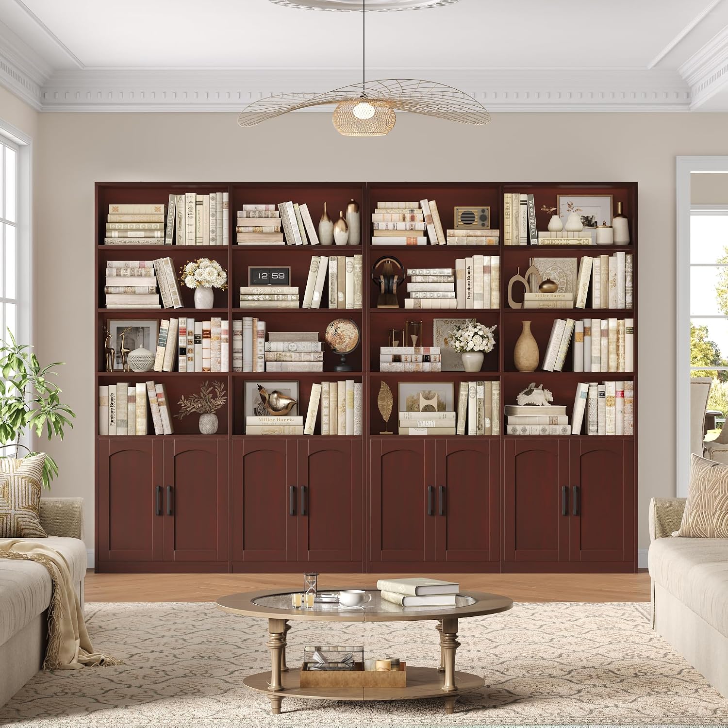 Bookshelf and Bookcase with Doors, Double Wide Large Bookshelves | Industrial Open Display Shelves 6 Tier, 73'' Tall Bookshelf with Storage Cabinets for Office,Home, Living Room, Library,White