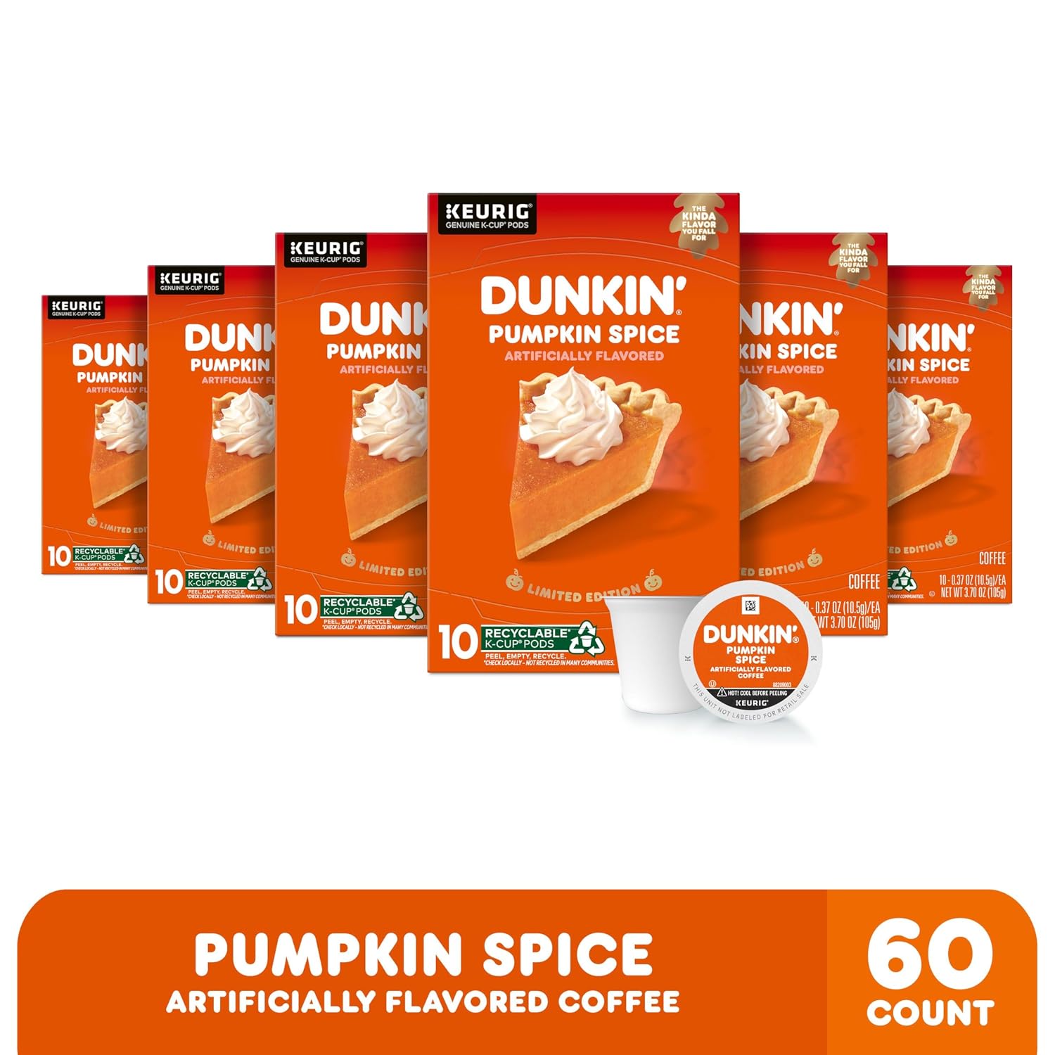 Dunkin’ Pumpkin Spice Artificially Flavored Coffee, 60 Keurig K-Cup Pods | 6 boxes of 10 single serve coffee pods each, Limited edition fall flavor, Made with arabica coffee, SNAP EBT eligible
