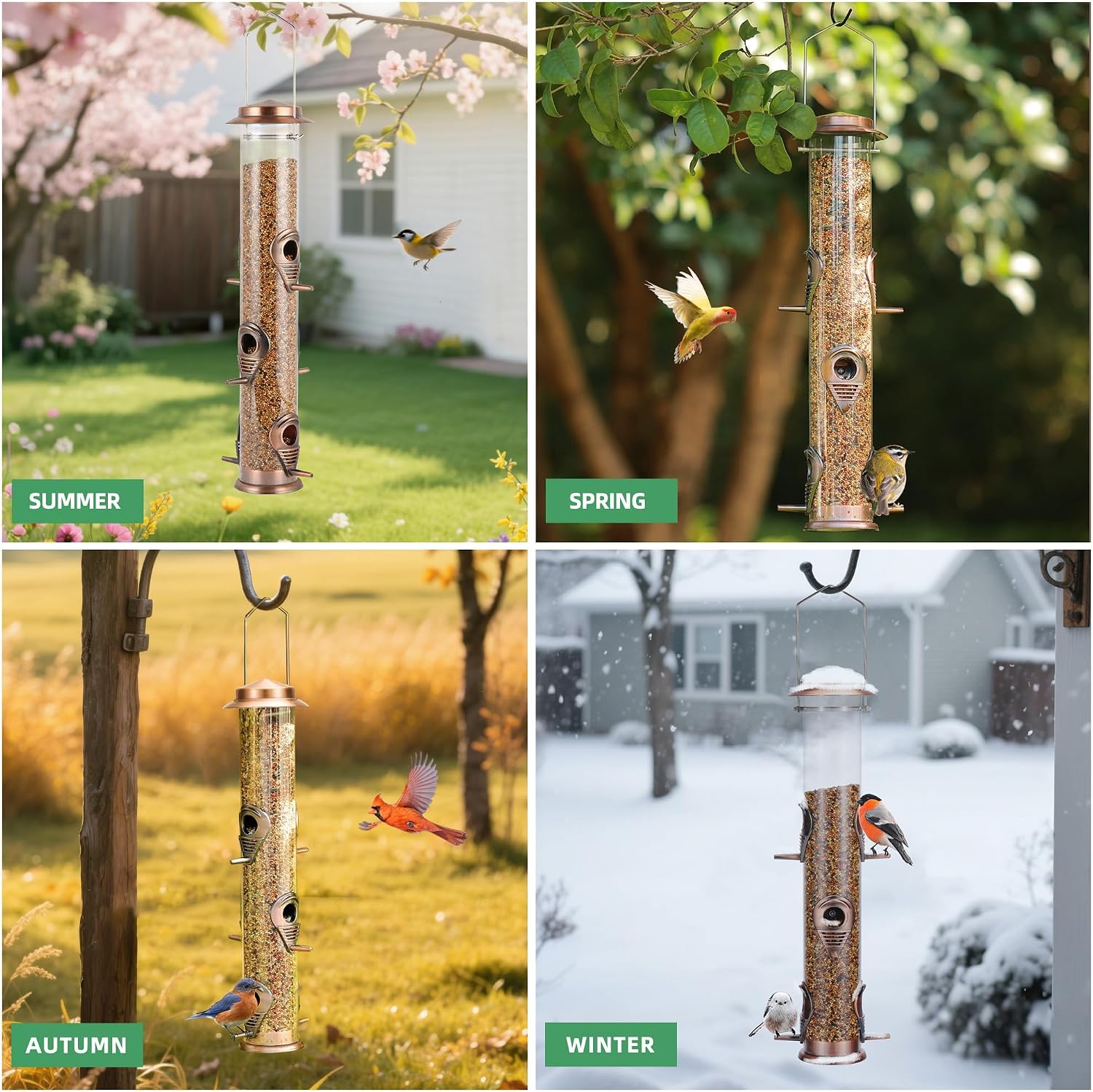 MIXXIDEA 1PK Metal Bird Feeders with 6 Feeding Ports, Tube Bird Feeder with Steel Hanger, Hard Plastic Wild Bird Feeder for Outdoors Hanging