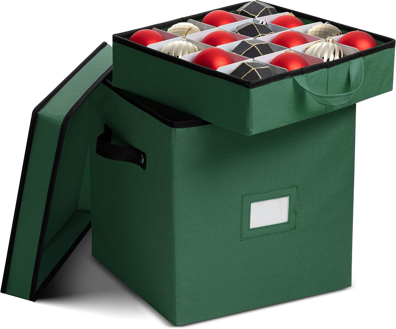 Zober Christmas Ornament Storage Box - Stores 64 Ornaments - Non-Woven, Tear- Proof Christmas Ornament Storage Containers - 3 Inch Cube Compartments - Red