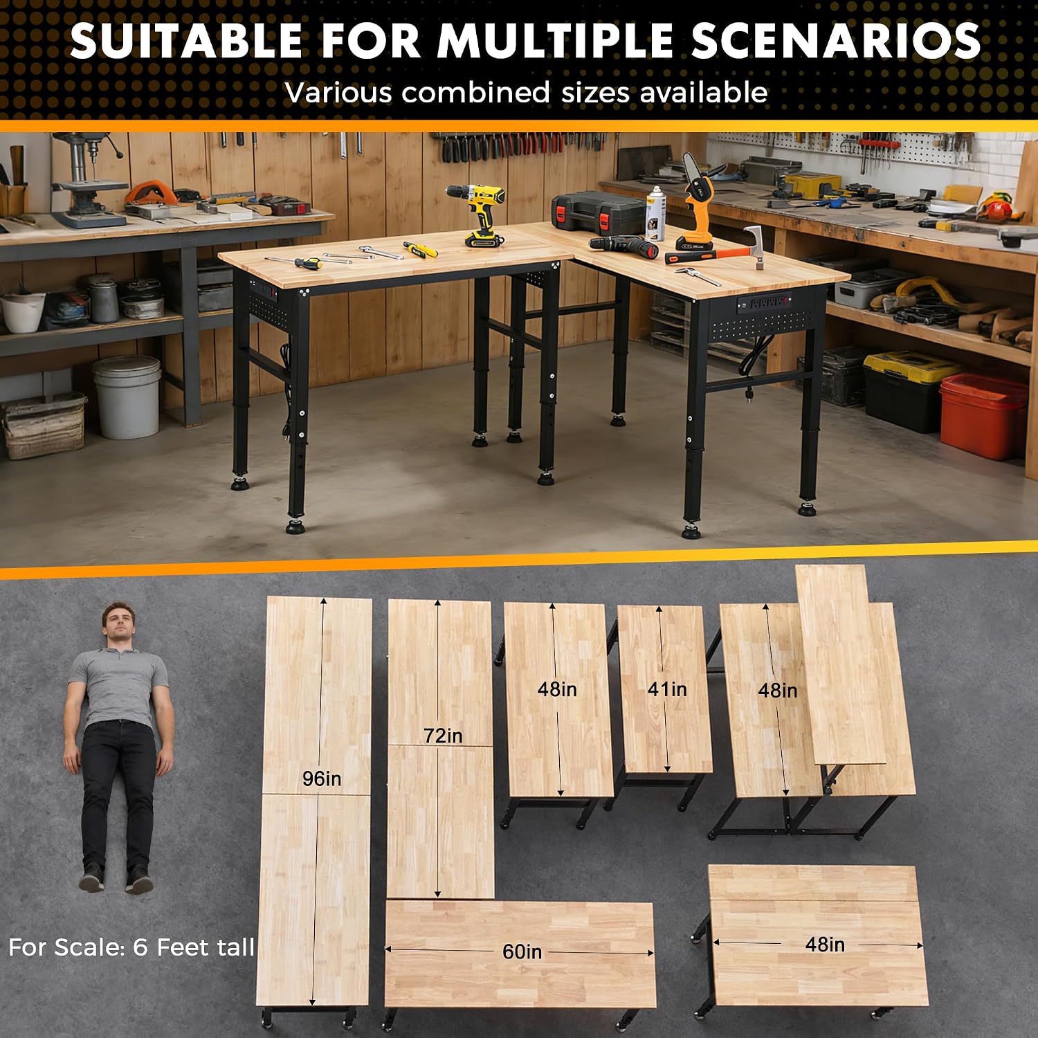 48" Adjustable Rubberwood Workbench with Foldable Extension Board & Power Outlet, Extra Large 48x32In 9-Level Height 27"-37", 2000 LBS Heavy Duty for Workshop Garage Office Home