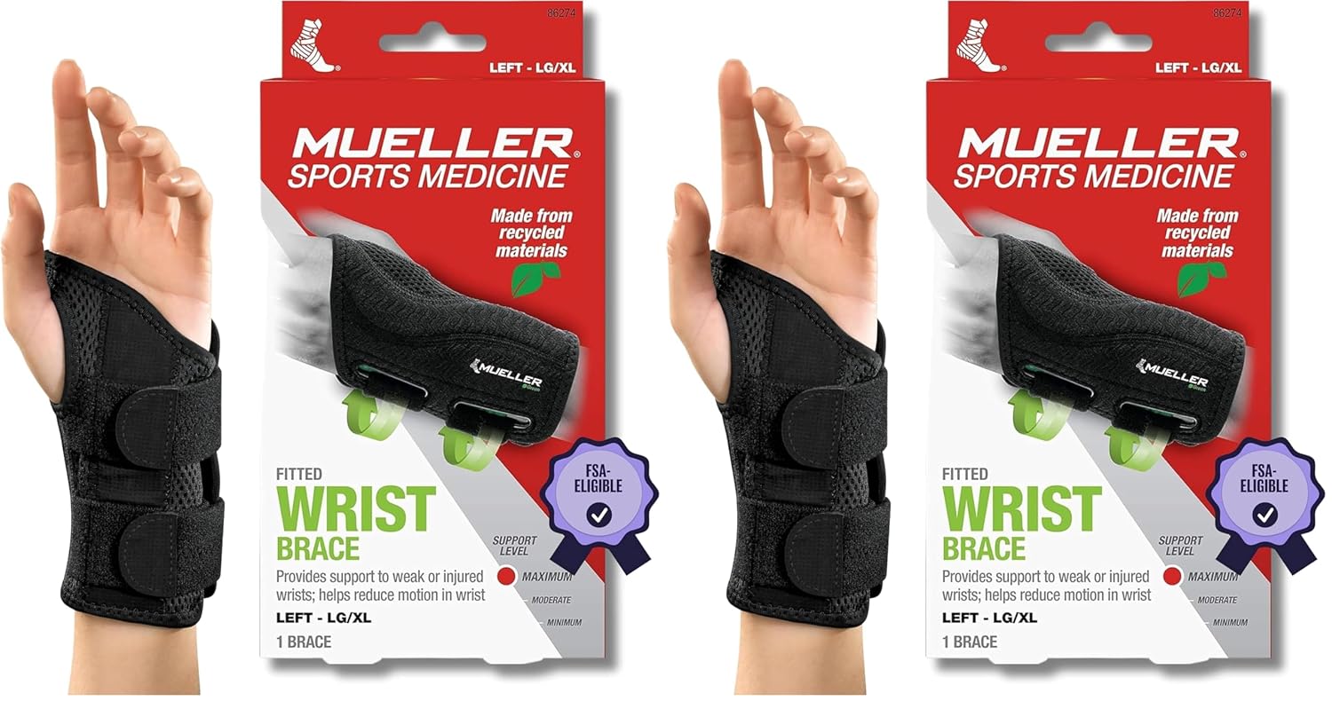 MUELLER Sports Medicine Green Fitted Wrist Brace for Men and Women, Wrist Pain Relief Support, Ideal for Carpal Tunnel, Tendonitis, Arthritis, Right Hand, Black, Small/Medium