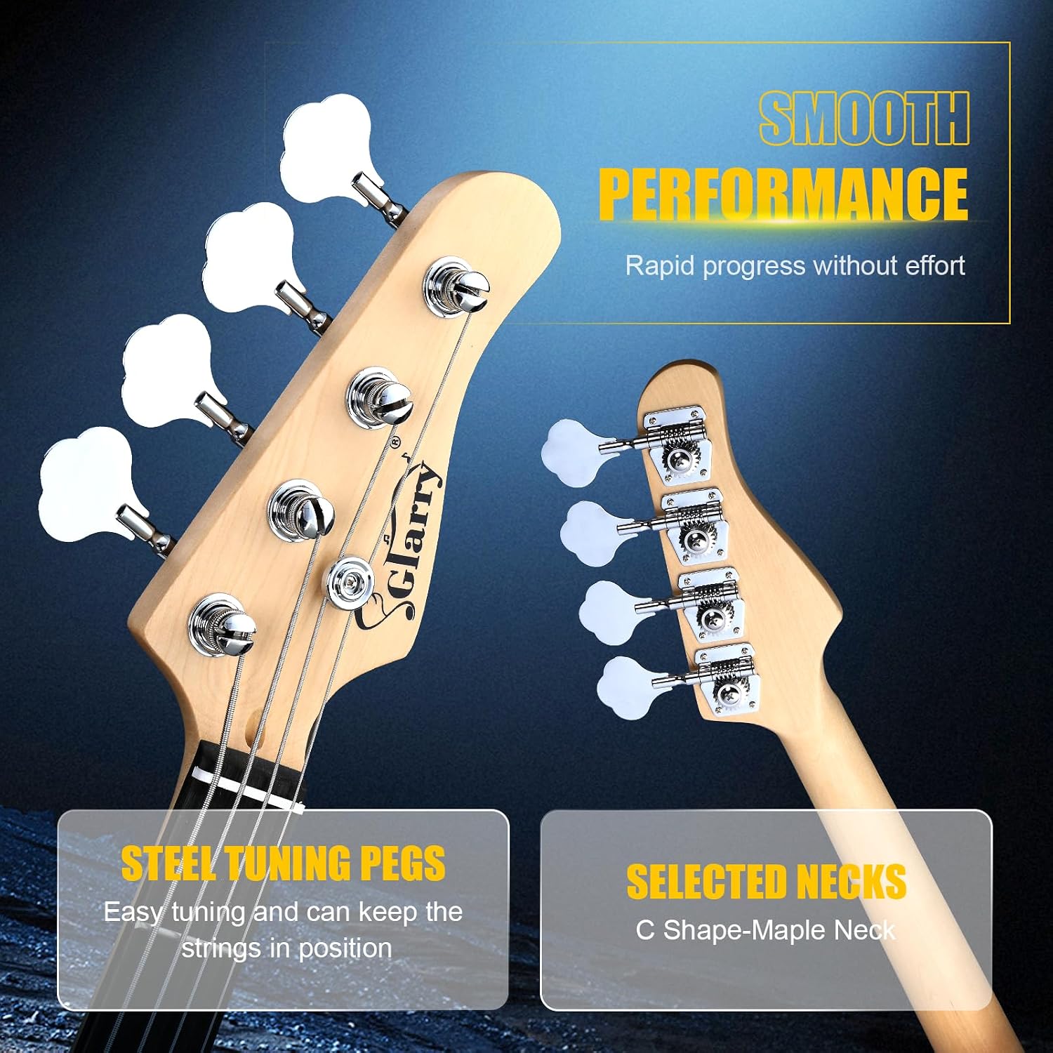 GLARRY Full Size Electric Bass Guitar Beginner Kit 4 String Exquisite Basswood Bass with 20W AMP, Cable, Strap, Bag and Accessories (Transparent Blue, 39"Right Handed)