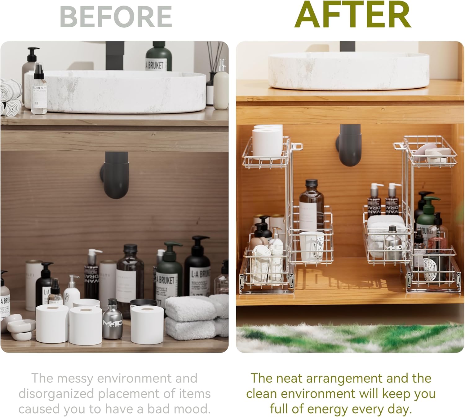 Under Sink Organizer 9" W X19 D, Pull Out Cabinet Organizer 2 Tier