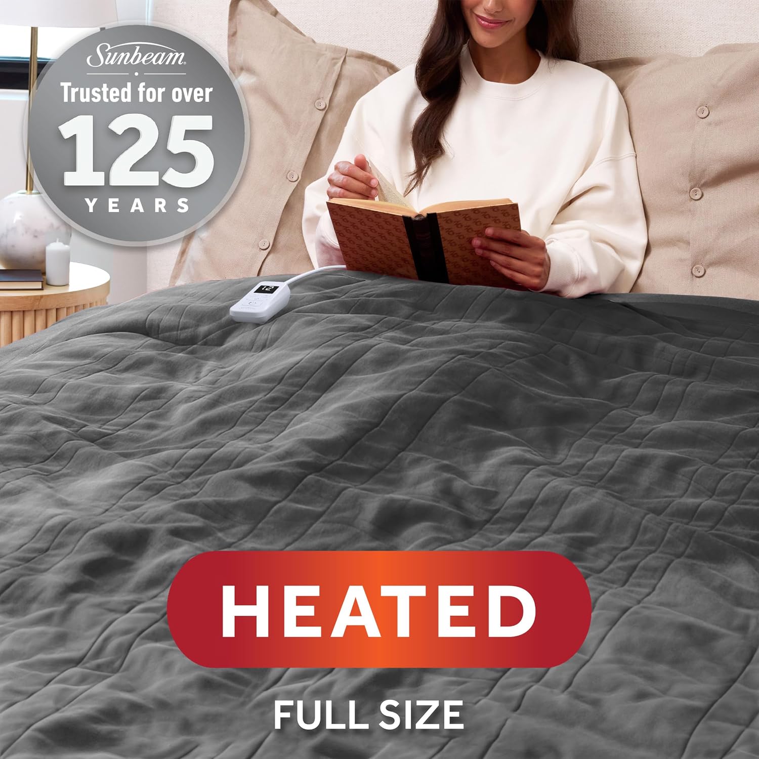 Sunbeam Electric Royal Posh Velvet Heated Blanket, 12 Heat Settings, 12-Hour Selectable Auto Shut-Off, Fast Heating, Warm and Lush, Champagne Color, King, 90" x 100"