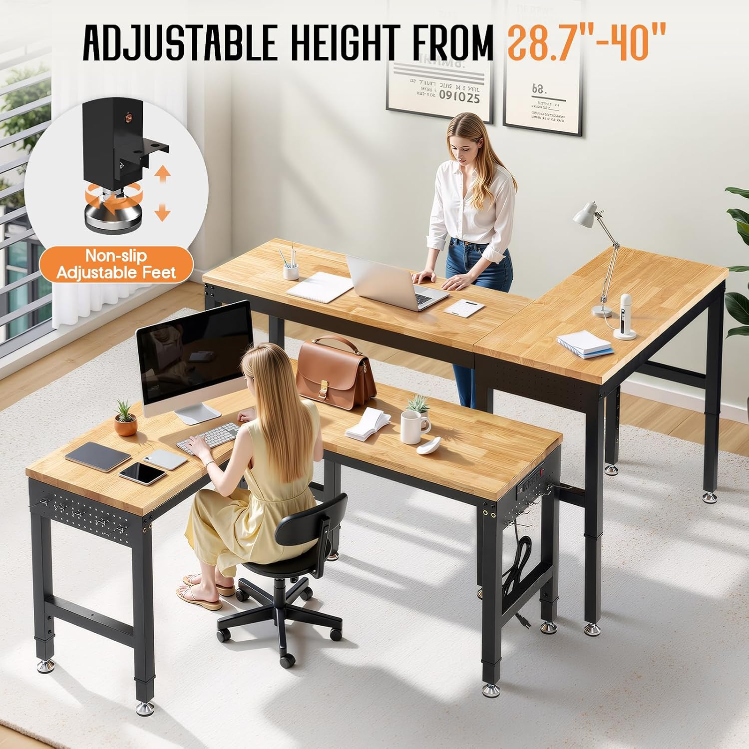 SPECRAFT Adjustable Black Heavy-Duty Workbench | 2000 Lbs Capacity, Rubber Wood Top, 4 AC Outlets and 2 USB Ports, for Garage, Workshop and Office