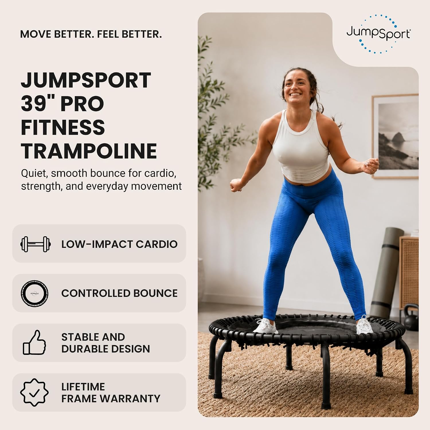 JumpSport 350 PRO 39 Inch Fitness Trampoline Indoor Rebounder Cardio Workout Equipment 300 lb Capacity