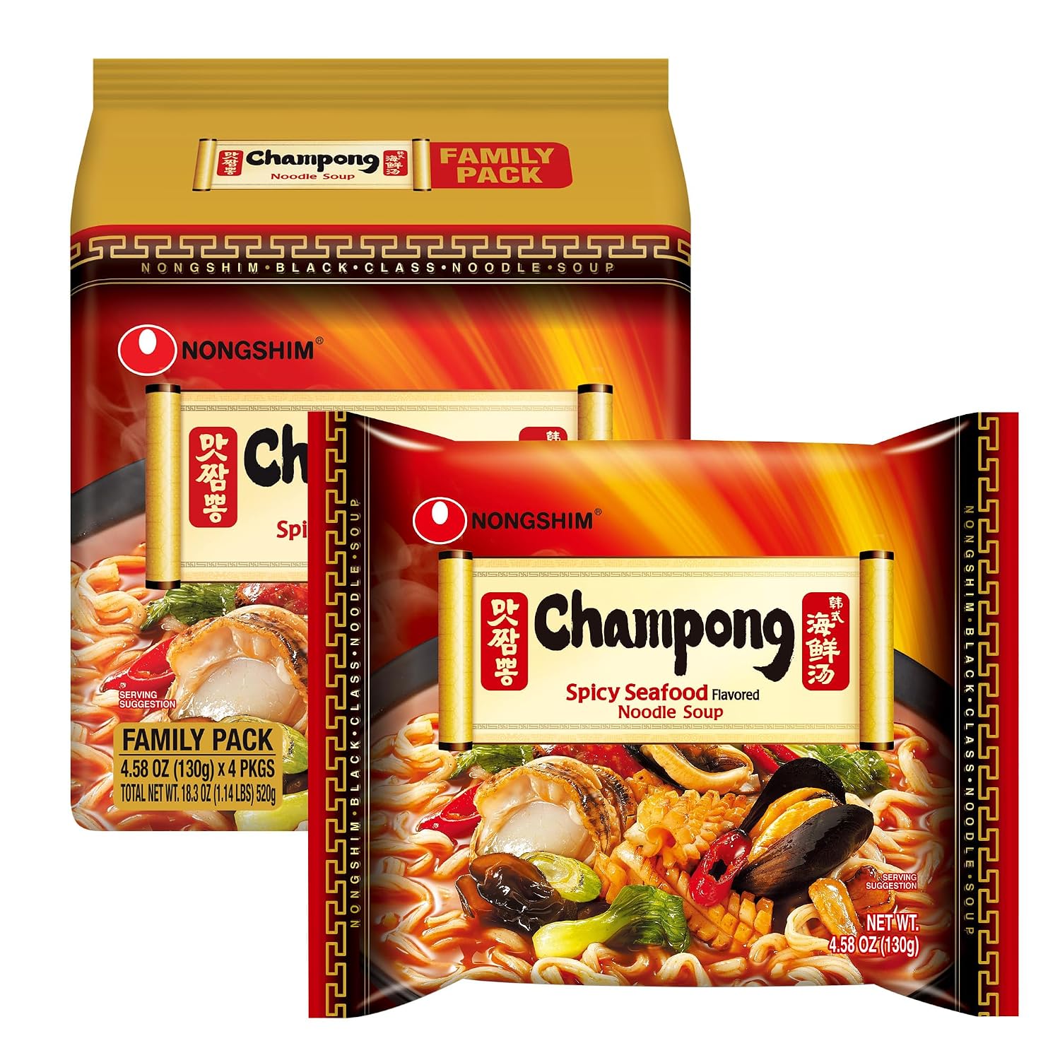 Nongshim Champong Noodle Soup, Smoky Spicy Seafood Korean Ramen, 4 Pack | Spicy seafood instant ramen with cuttlefish, mussel, scallop