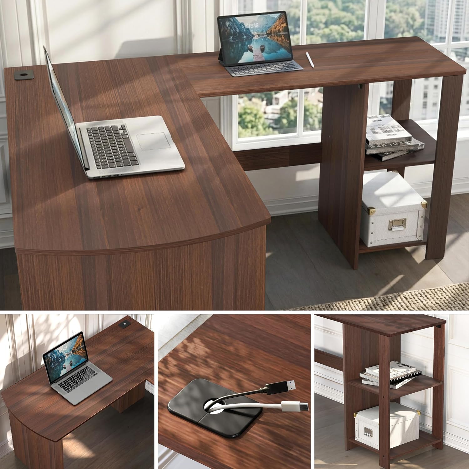 SHW 51 x 51 L-Shaped Home Office Wood Corner Desk with Storage, Espresso | Integrated Book Shelves