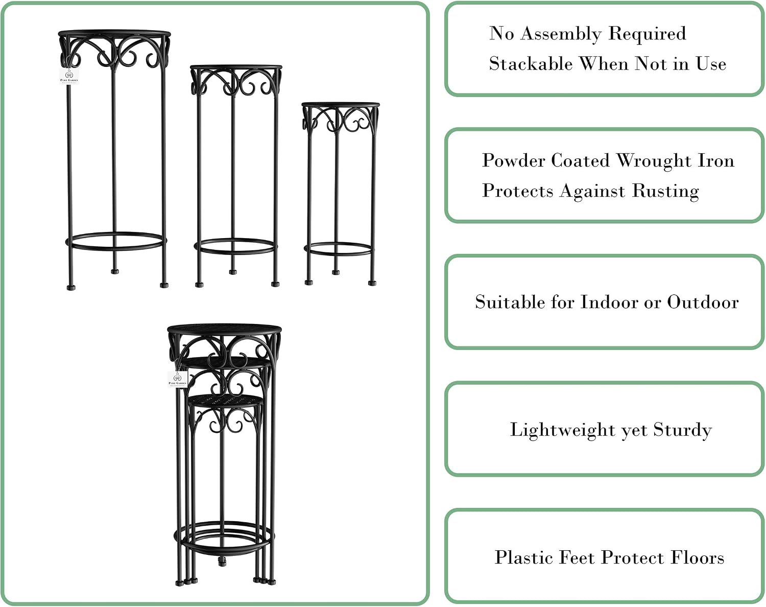 Pure Garden Plant Stand 3-Tier Vertical Shelf Indoor or Outdoor Folding Wrought Iron Home Garden Display with Laser Cut Shelves (Antique White)