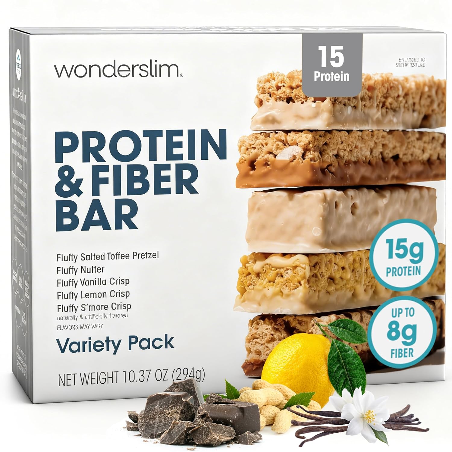 Wonderslim High Fiber Protein Bars, Low Calorie Snack – Fluffy Nutter, 7ct | 15g Protein, 7g Fiber – Gluten-Free, Low Sugar, Protein Snack Bars for Hunger & Craving Control, Weight Management Support
