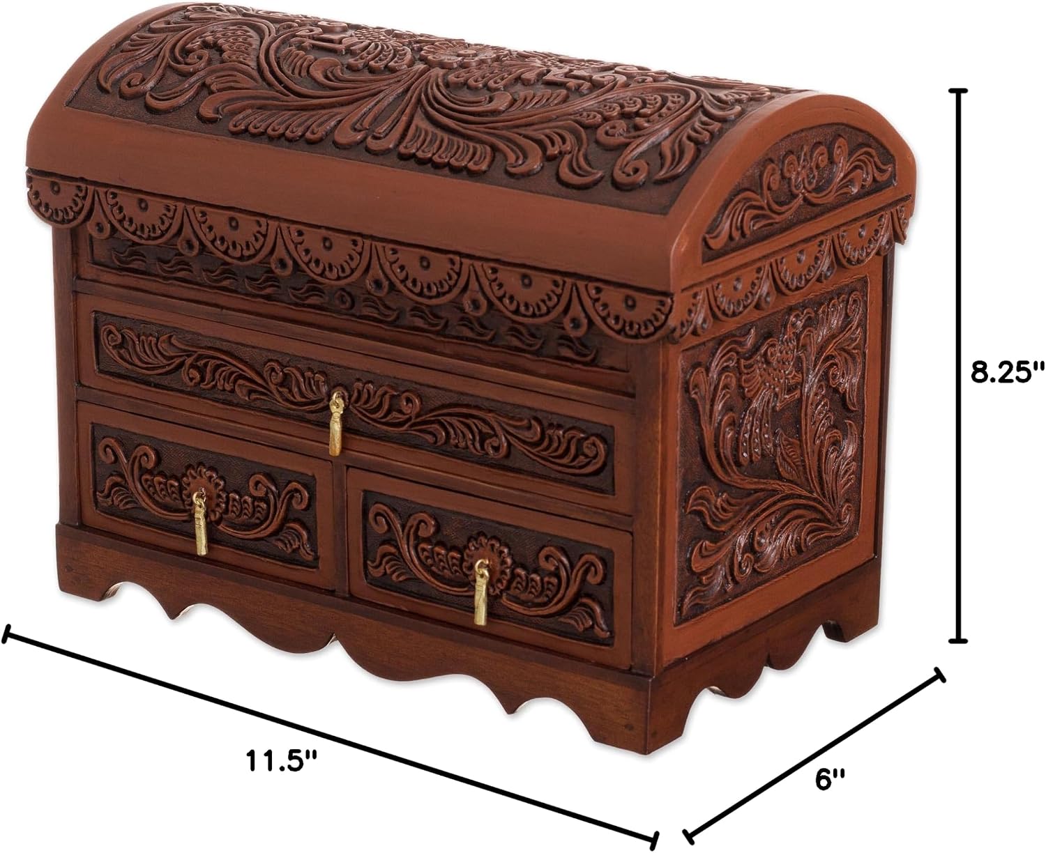 NOVICA Artisan Handmade Leather Cedar Wood Jewelry Chest Bird Pattern from Peru Brown Boxes Colonial Floral Animal Themed [8.25in H x 11.5in W x 6in